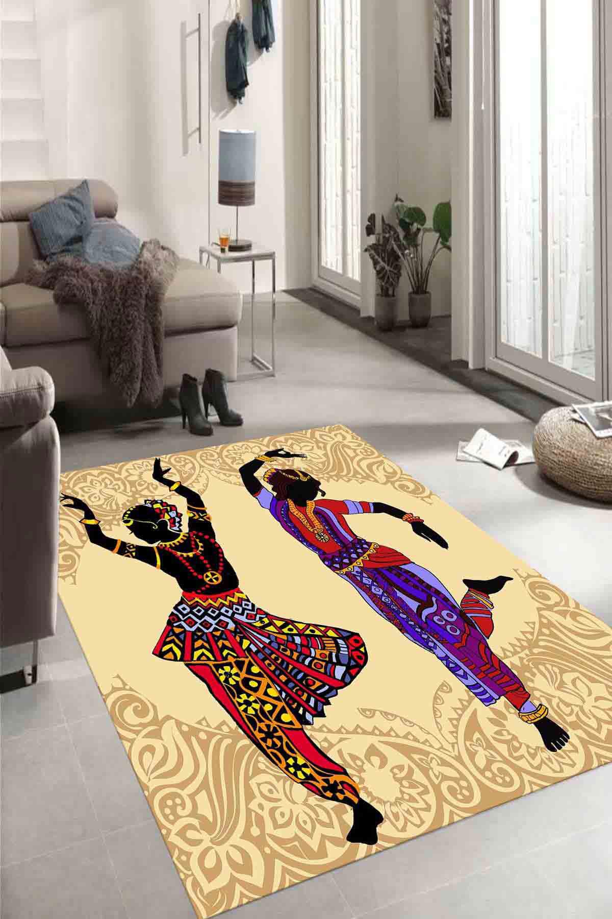 Homefesto Krem 5 mm Polyester Leke Tutmaz Yıkanabilir İnce Kaymaz Taban Figürlü Dikdörtgen Makine Dokuma Salon Halısı 80x80 cm