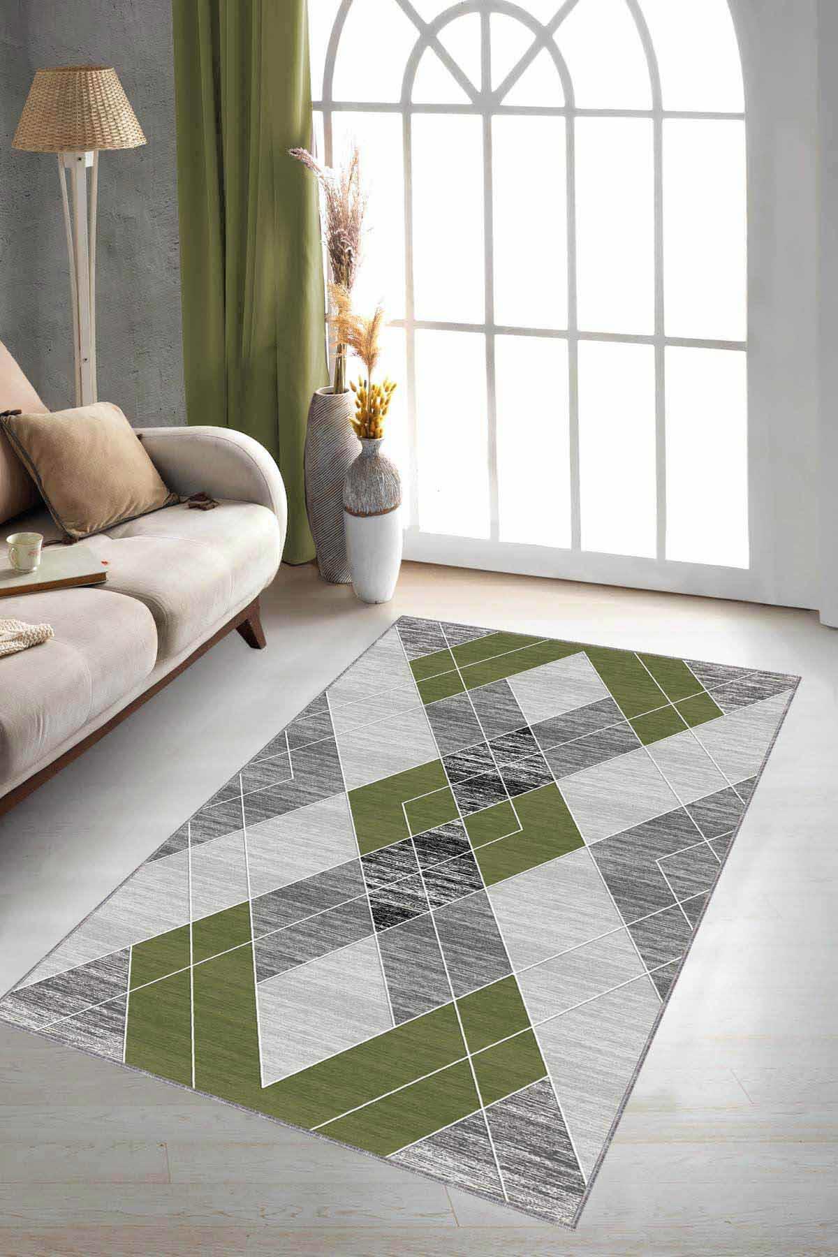 Viva Home DD04 Yeşil 7 mm Mikropolyester Yalıtıma Yardımcı Yıkanabilir İnce Kaymaz Taban Dikdörtgen Makine Dokuma Antre-Salon-Yatak Odası Halısı 120x200 cm