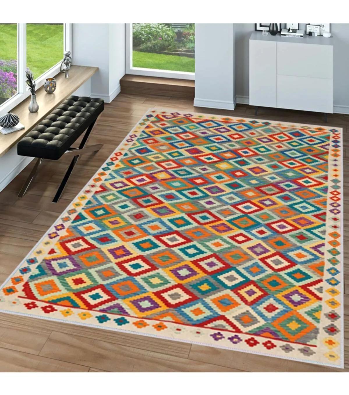 Rovigo Home RVG1543-HT650 Çok Renkli 8 mm Polyester Antibakteriyel-Leke Tutmaz-Toz Tutmaz Yıkanabilir İnce Kaymaz Dot Taban Dikdörtgen Makine Dokuma Salon Halısı 160x230 cm