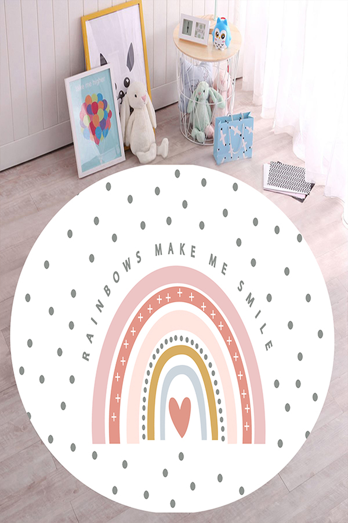 Eco Concept Beyaz 6 mm Polyester Yıkanabilir İnce Kaymaz Dot Taban Yuvarlak Makine Dokuma Çocuk Odası Halısı 133x190 cm