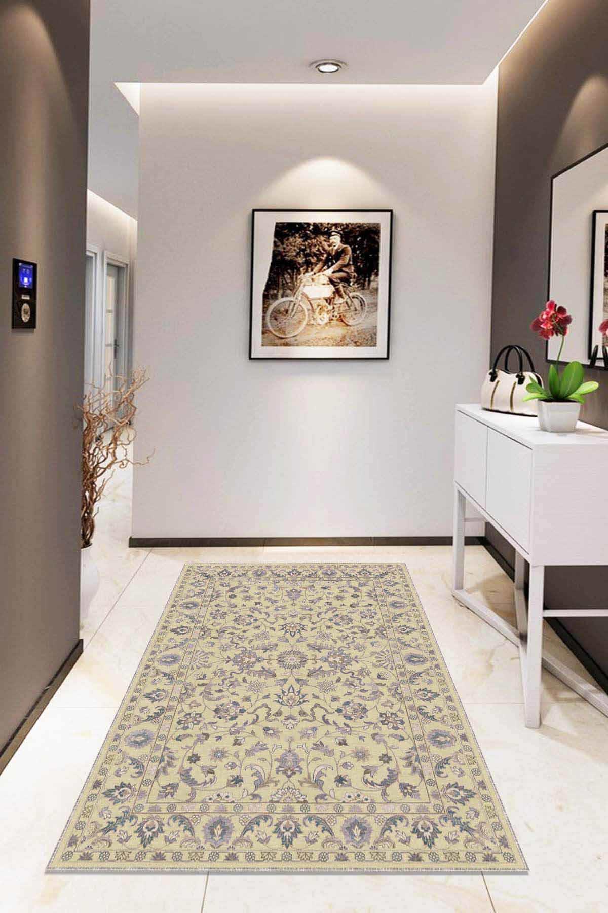 Viva Home RV294 Krem 7 mm Mikropolyester Leke tutmaz Yıkanabilir İnce Kaymaz Dikdörtgen Makine Dokuma Salon Halısı 180x180 cm