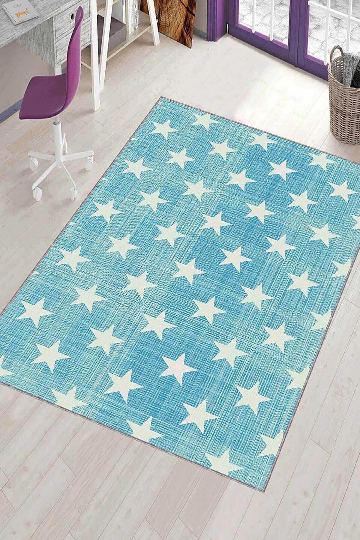 Viva Home KD079 Mavi 7 mm Mikropolyester Leke tutmaz Yıkanabilir İnce Kaymaz Dot Taban Dikdörtgen Makine Dokuma Çocuk Odası Halısı 180x180 cm