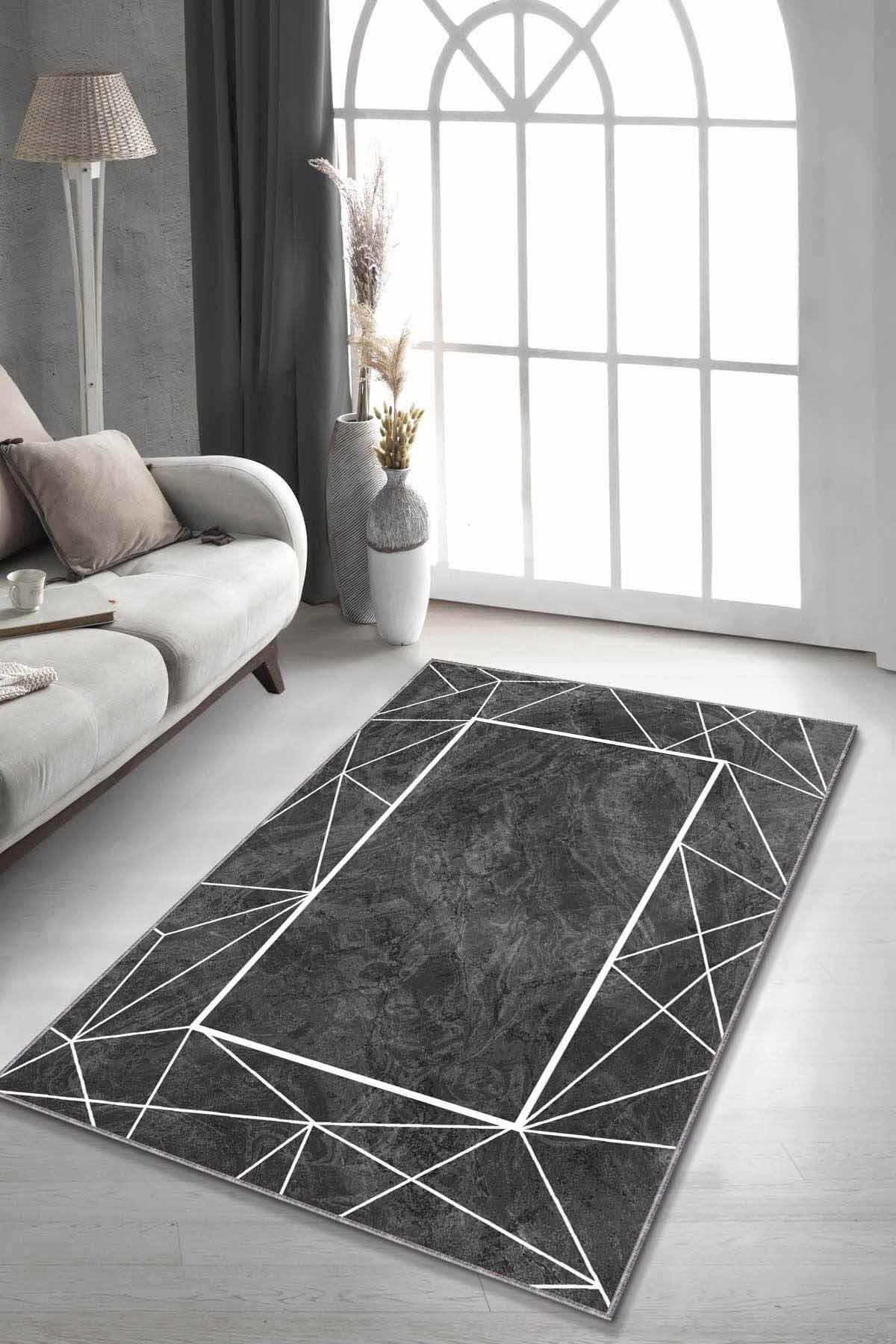 Viva Home AR009 Füme 7 mm Mikropolyester Silinebilir Yıkanabilir Kaymaz Dikdörtgen Makine Dokuma Salon Halısı 120x180 cm
