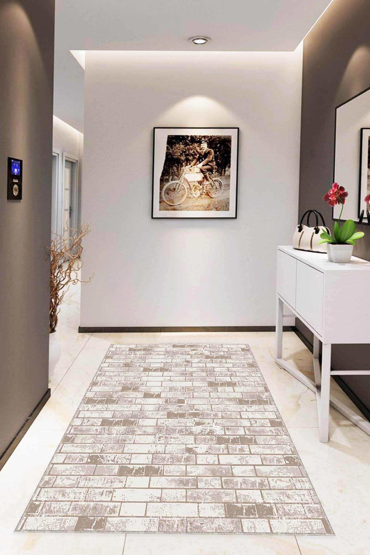 Viva Home TL02 Bej 7 mm Mikropolyester Leke Tutmaz Yıkanabilir İnce Kaymaz Dot Taban Dikdörtgen Makine Dokuma Salon Halısı 80x150 cm