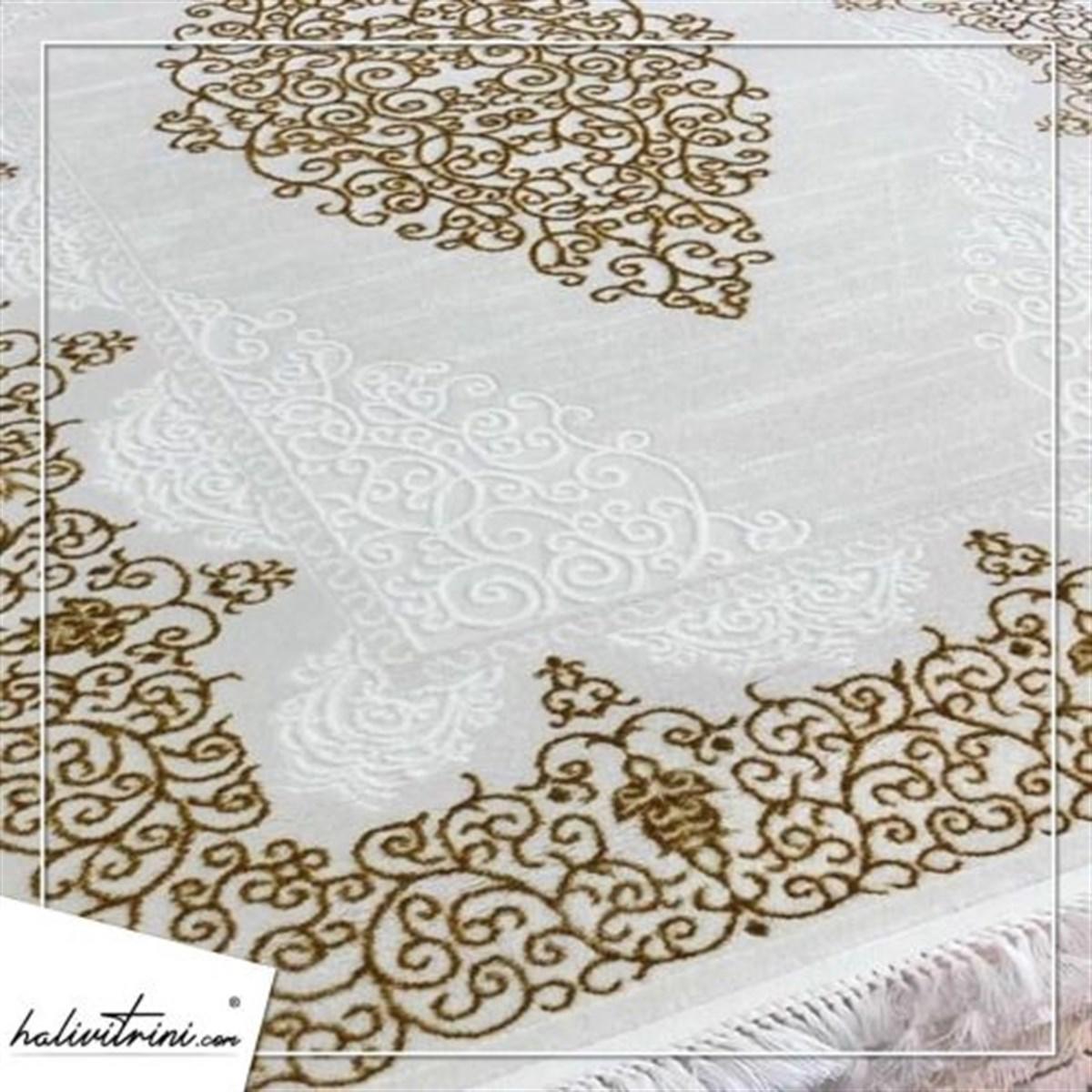 Dinarsu Gold GD001 Krem 12 mm Akrilik Silinebilir Yıkanabilir Orta Kaymaz Dikdörtgen Makine Dokuma Salon Halısı 120x400 cm