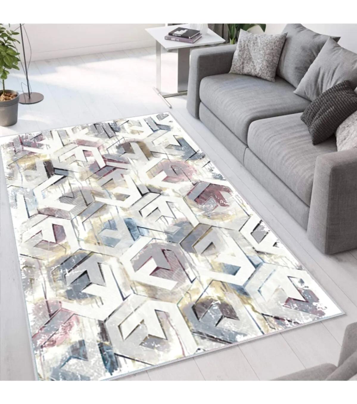 Rovigo Home RVG1533-HT484 Krem 8 mm Polyester Antibakteriyel-Leke Tutmaz-Toz Tutmaz Yıkanabilir İnce Kaymaz Dot Taban Dikdörtgen Makine Dokuma Salon Halısı 80x80 cm