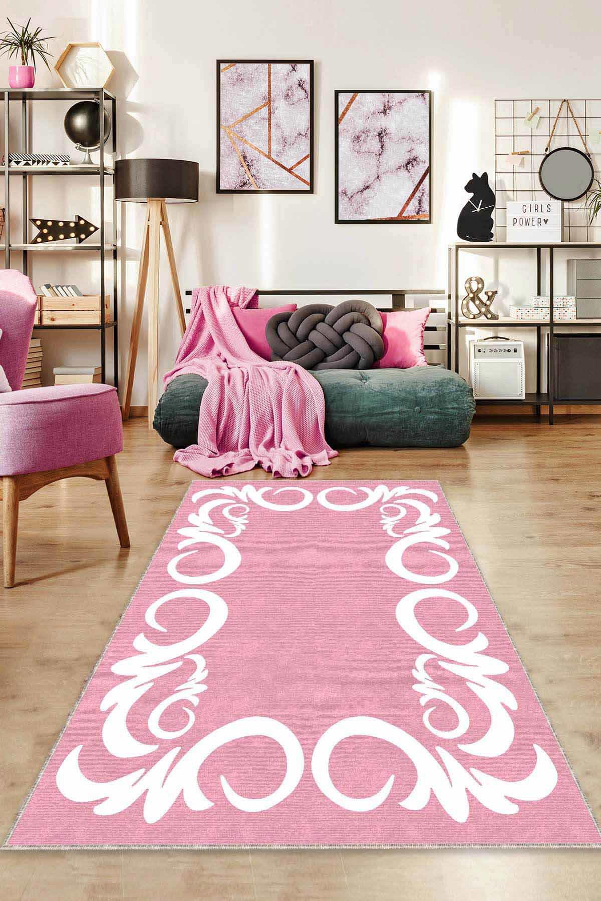 Viva Home AR516 Pembe 7 mm Mikropolyester Leke Tutmaz Yıkanabilir İnce Kaymaz Dot Taban Dikdörtgen Makine Dokuma Salon Halısı 120x200 cm