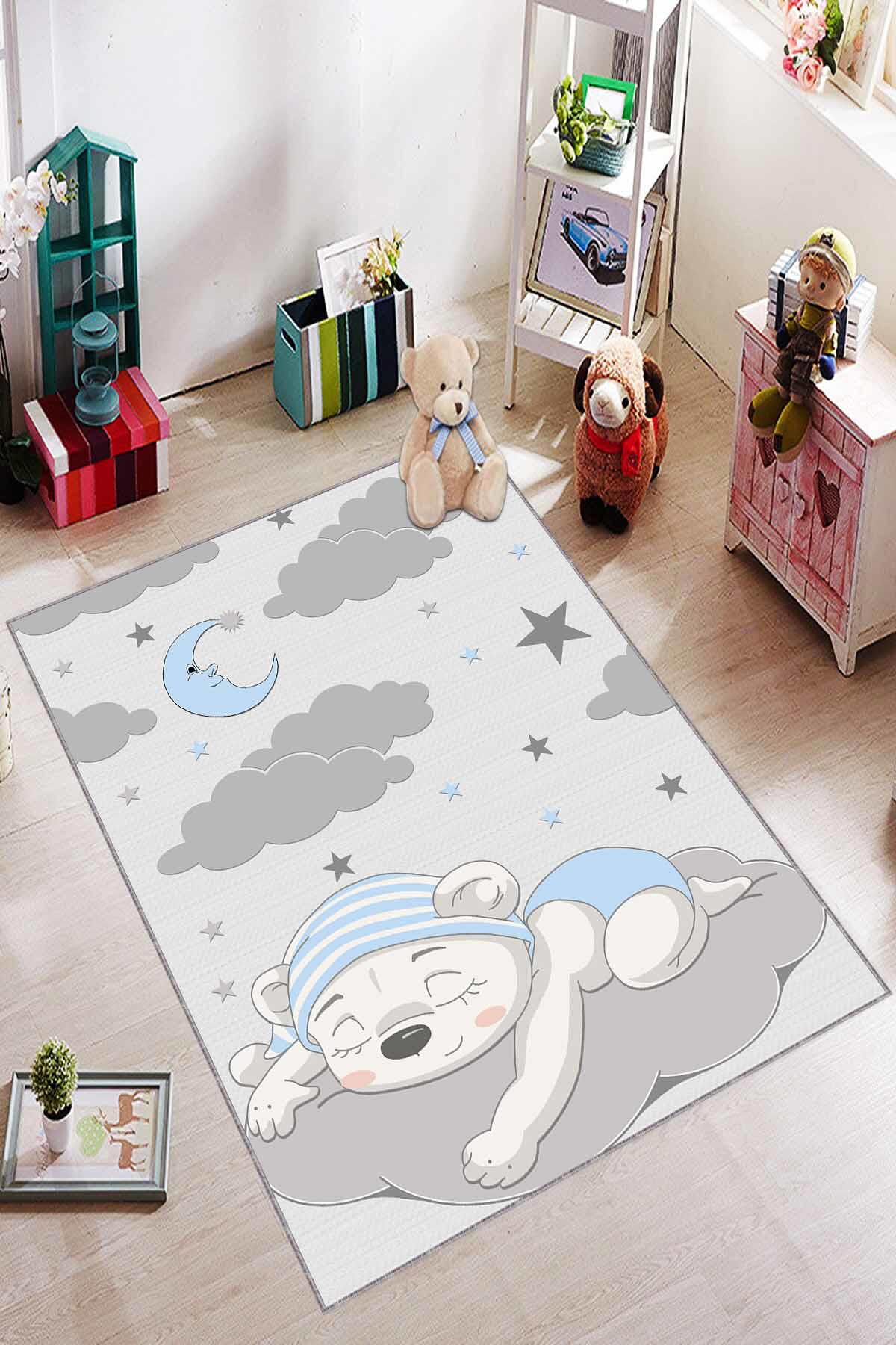 Viva Home AR334 Mavi 7 mm Mikropolyester Leke tutmaz Yıkanabilir İnce Kaymaz Dot Taban Dikdörtgen Makine Dokuma Çocuk Odası Halısı 120x180 cm