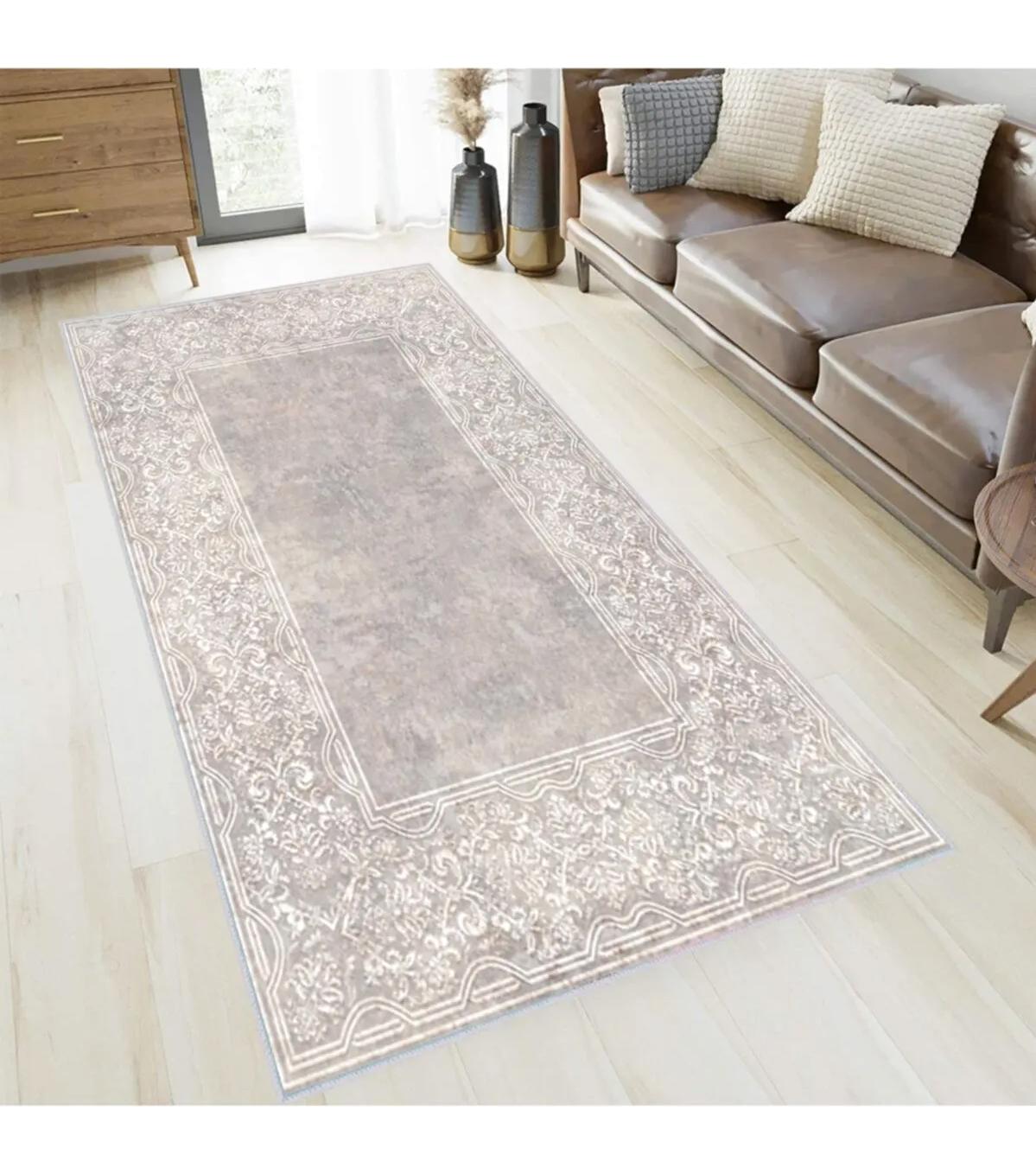 Rovigo Home RVG1384-HT372 Krem 8 mm Polyester Leke Tutmaz-Toz Tutmaz Yıkanabilir İnce Kaymaz Dot Taban Dikdörtgen Makine Dokuma Salon Halısı 80x150 cm