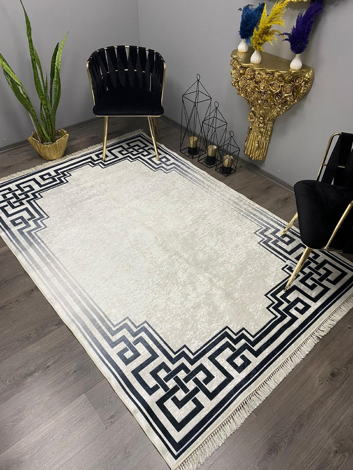 Halı Furyası Rofo Krem Polyester Toz Tutmaz Yıkanabilir İnce Kaymaz Lateks Taban Geometrik Dikdörtgen Makine Dokuma Salon Halısı 80x500 cm