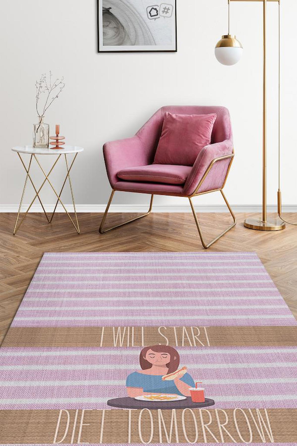 Homshtag Yarın Diyete Başlıyorum Krem 4 mm Pamuk Antistatik Yıkanabilir İnce Kaymaz Dikdörtgen Makine Dokuma Ofis Halısı 100x200 cm