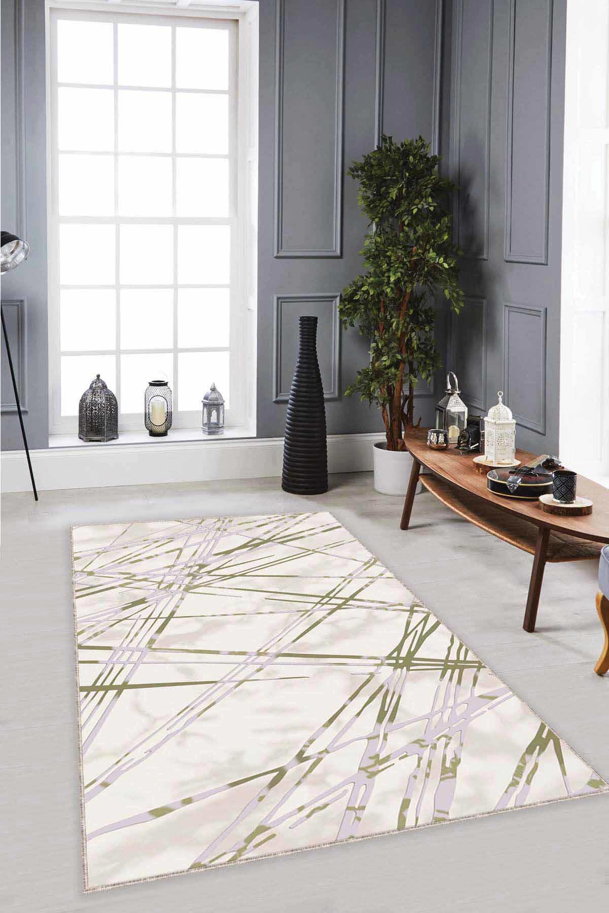 Viva Home NT008 Yeşil 7 mm Mikropolyester Yalıtıma Yardımcı Yıkanabilir İnce Kaymaz Taban Dikdörtgen Makine Dokuma Antre-Salon-Yatak Odası Halısı 100x200 cm