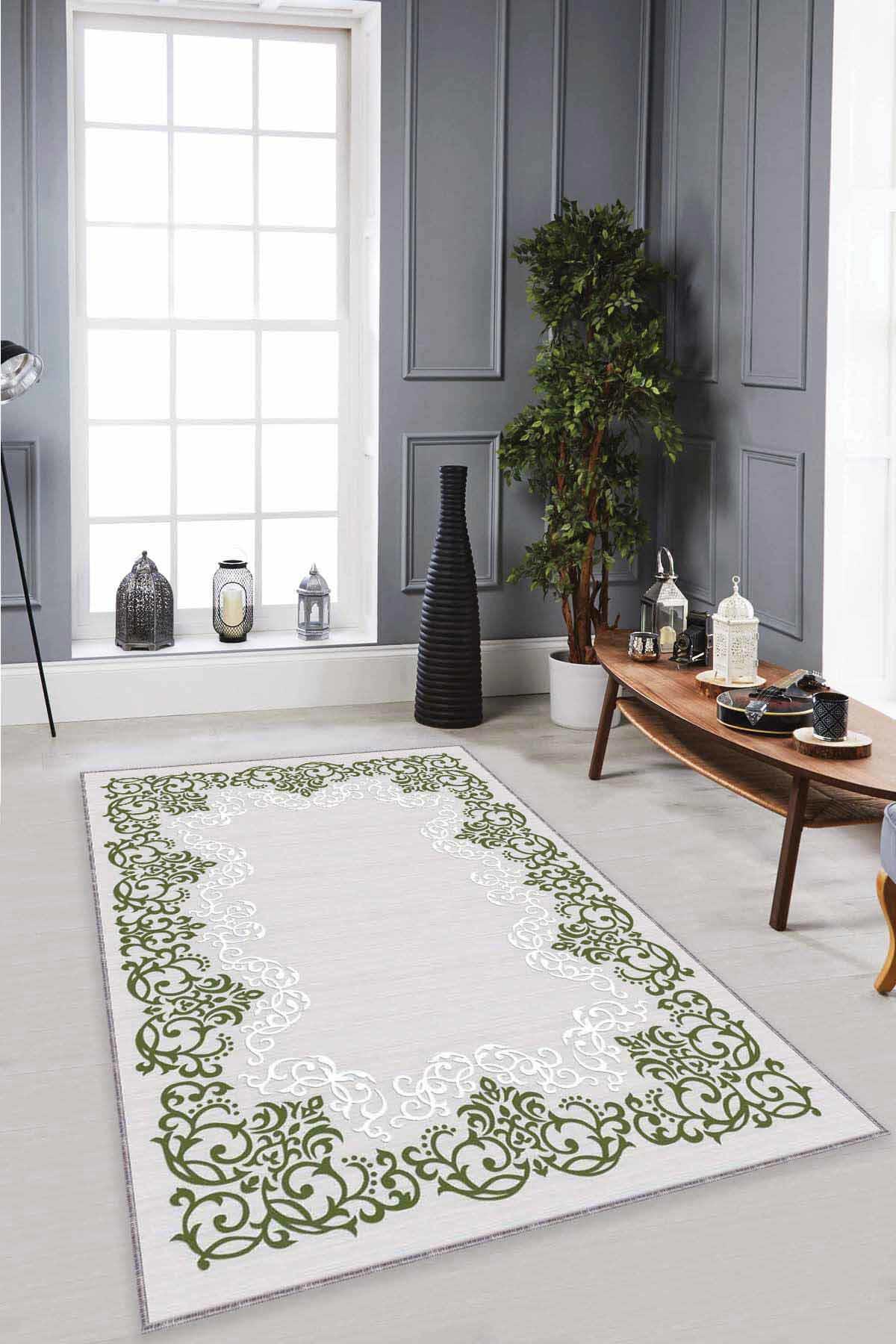 Viva Home MK64 Yeşil 7 mm Mikropolyester Yalıtıma Yardımcı Yıkanabilir İnce Kaymaz Taban Dikdörtgen Makine Dokuma Antre-Salon-Yatak Odası Halısı 100x200 cm