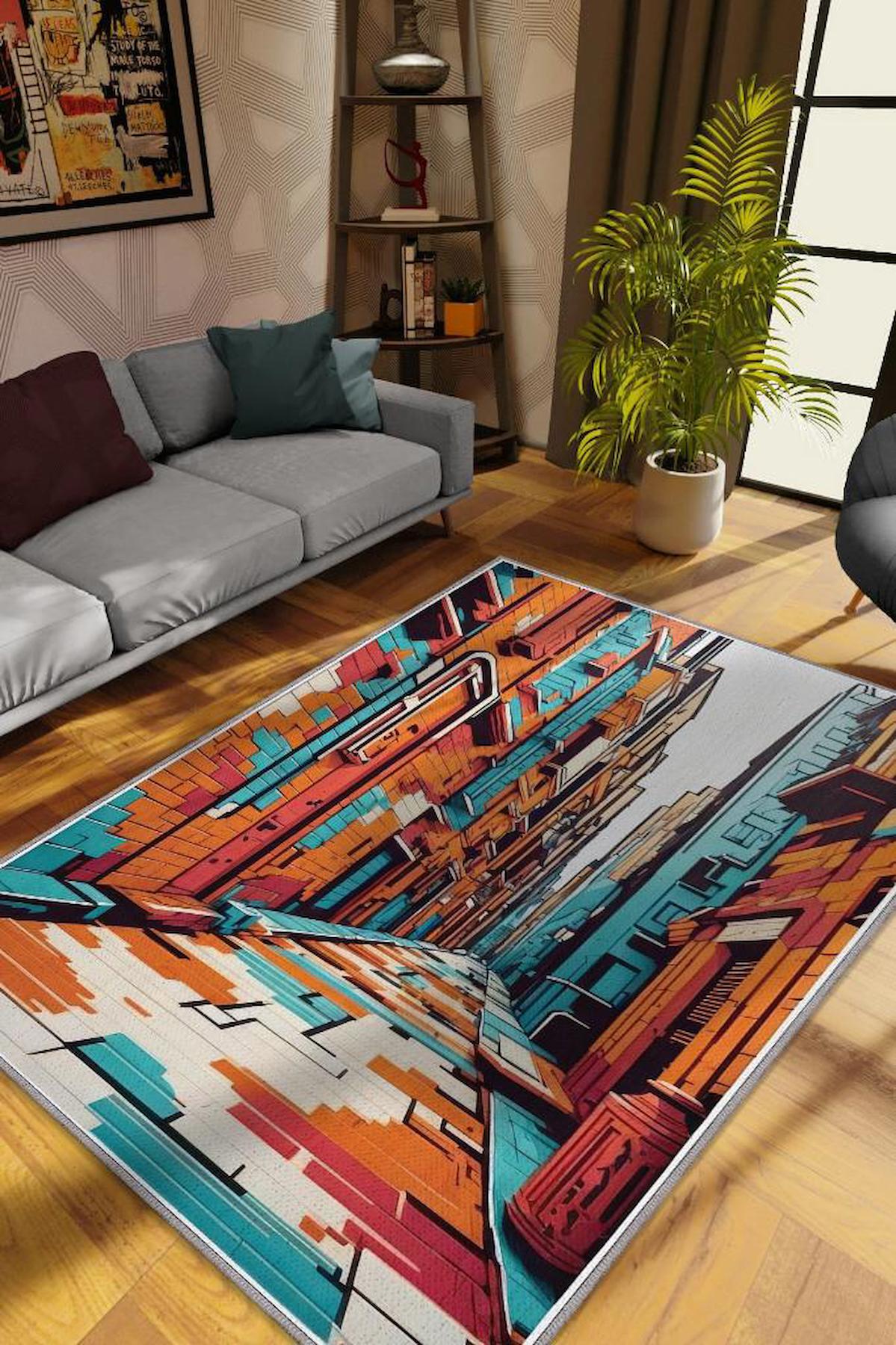 Homshtag Sokak Çok Renkli 4 mm Pamuk Antistatik Yıkanabilir İnce Kaymaz Dikdörtgen Makine Dokuma Genç Odası Halısı 160x230 cm