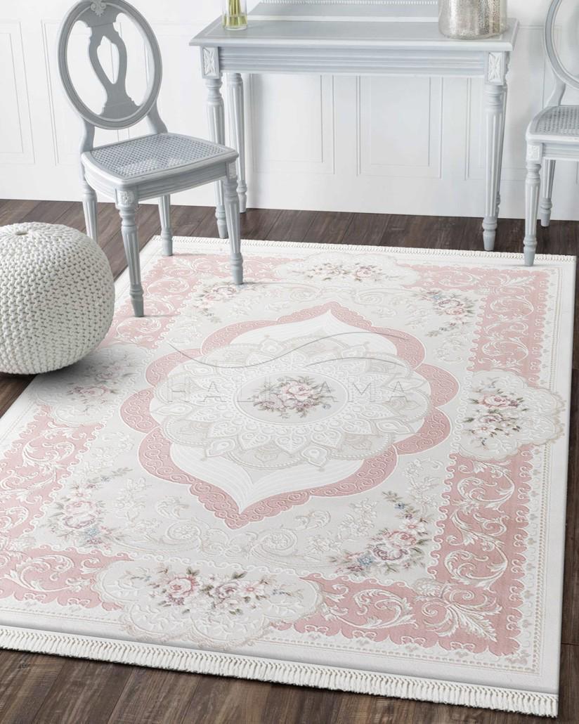 Dinarsu 15823 Beyaz-Pembe 10 mm Akrilik Silinebilir Yıkanabilir Orta Kaymaz Çiçek Desenli Dikdörtgen Makine Dokuma Oturma Odası-Salon Halısı 100x300 cm