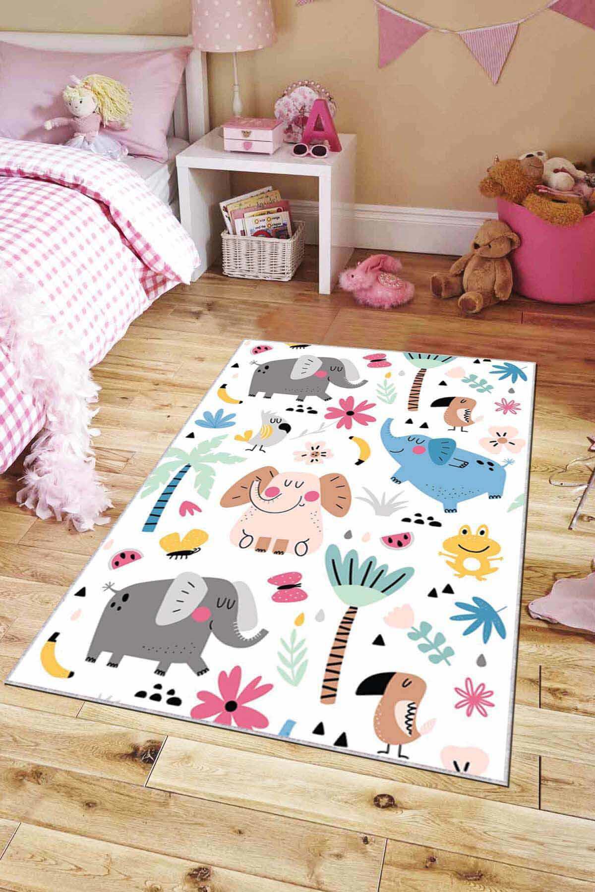 Viva Home AR042 Krem 7 mm Mikropolyester Yalıtıma Yardımcı Yıkanabilir Orta Kaymaz Dot Taban Çiçek Desenli Dikdörtgen Makine Dokuma Çocuk Odası Halısı 120x180 cm