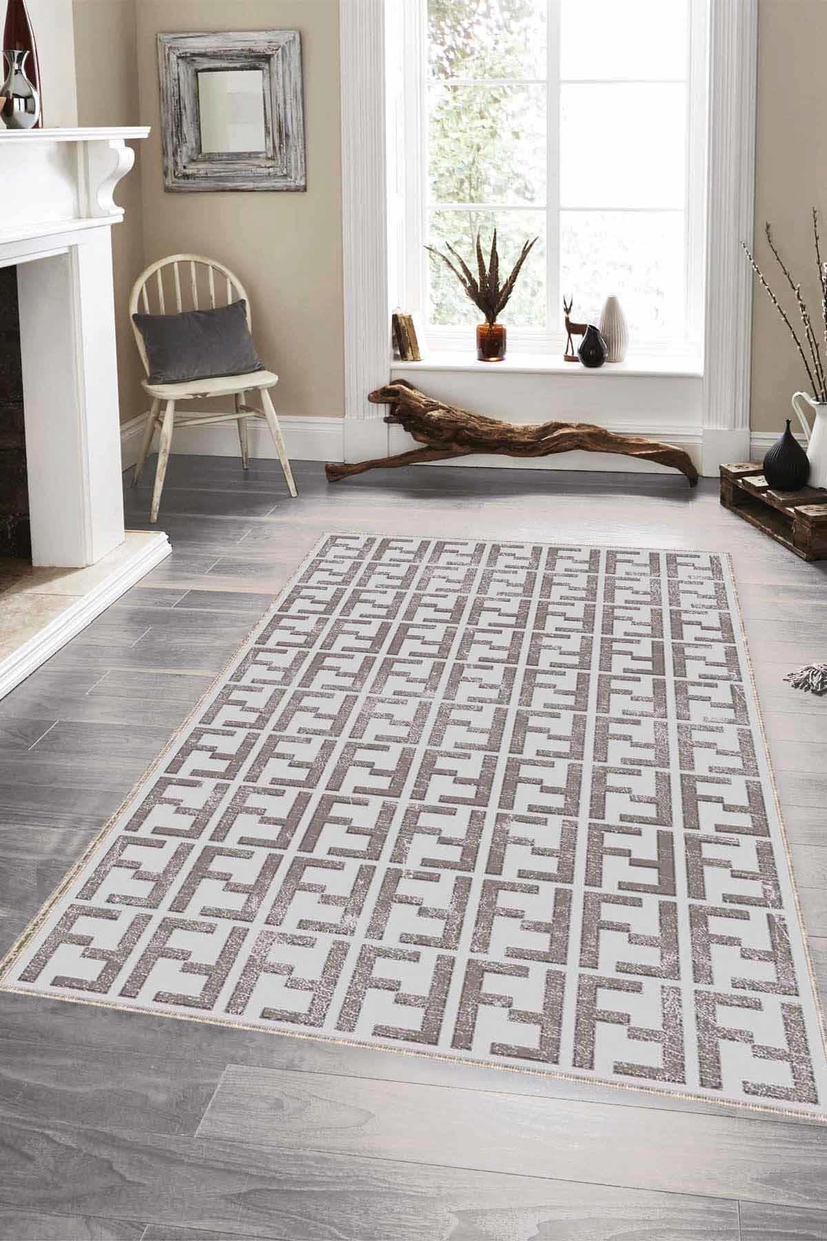 Viva Home LB007 Bej 7 mm Mikropolyester Leke Tutmaz Yıkanabilir İnce Kaymaz Dot Taban Dikdörtgen Makine Dokuma Salon Halısı 100x200 cm