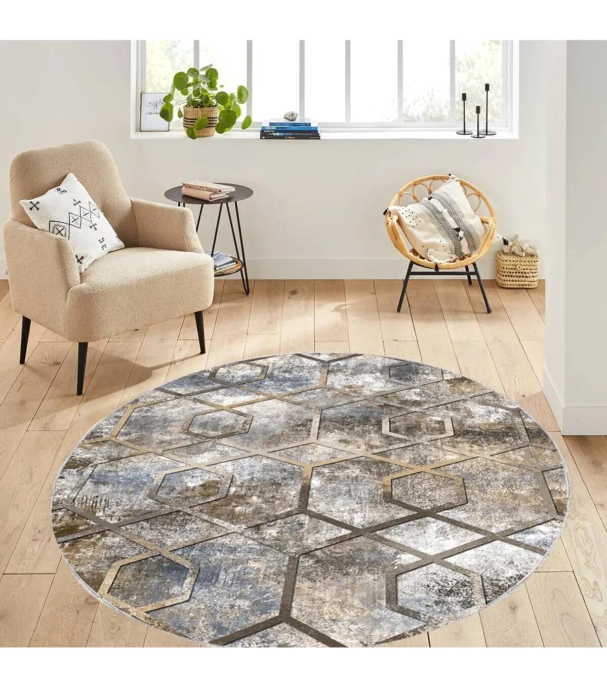 Rovigo Home RVG7101 Çok Renkli 8 mm Polyester Antibakteriyel-Leke Tutmaz-Toz Tutmaz Yıkanabilir İnce Kaymaz Dot Taban Yuvarlak Makine Dokuma Salon Halısı 160x230 cm