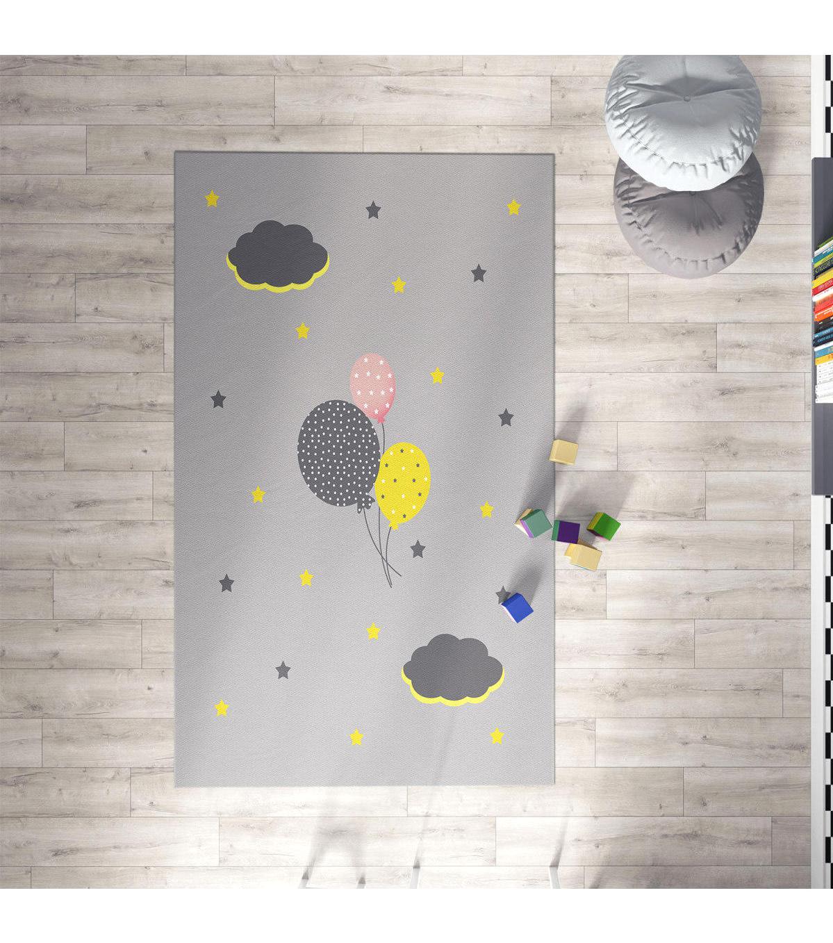 Chiron Baby Ceritti CRTT007 Gri 5 mm Pamuk-Polyester Antialerjenik Yıkanabilir İnce Kaymaz Taban Figürlü Dikdörtgen Makine Dokuma Çocuk Odası Halısı 120x180 cm