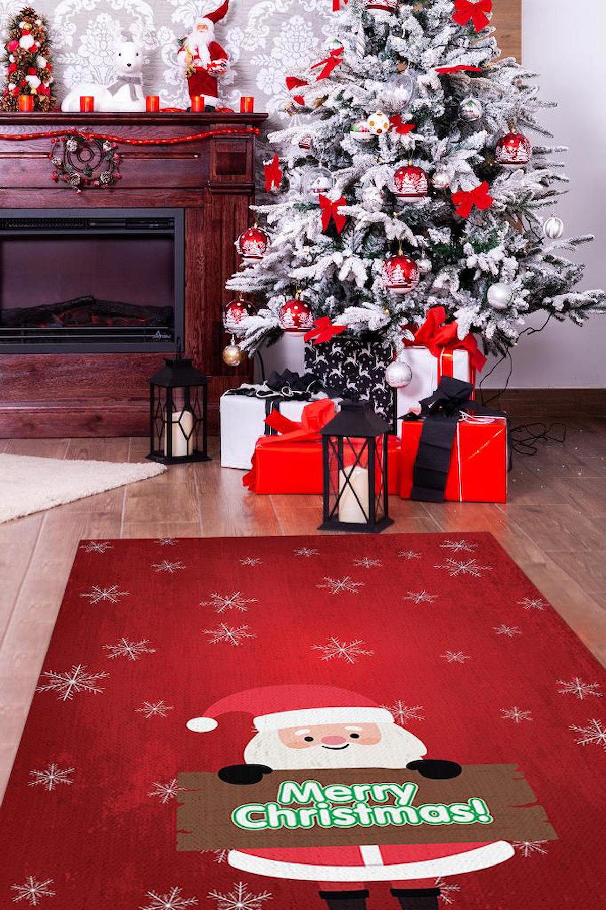 Homshtag Noel Baba Çok Renkli 4 mm Pamuk Antistatik Yıkanabilir İnce Kaymaz Dikdörtgen Makine Dokuma Salon Halısı 133x190 cm