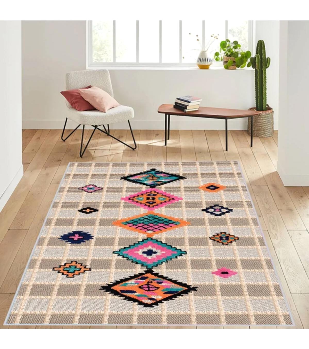 Rovigo Home RVG1490 Krem 8 mm Polyester Antibakteriyel-Leke Tutmaz-Toz Tutmaz Yıkanabilir İnce Kaymaz Dot Taban Dikdörtgen Makine Dokuma Salon Halısı 80x80 cm