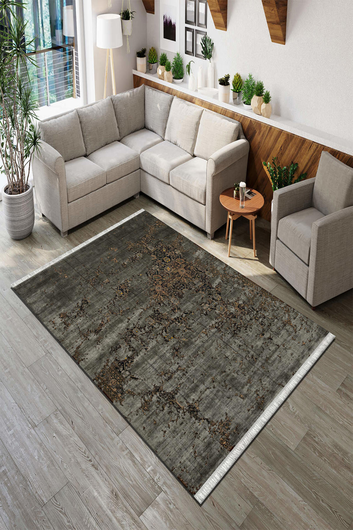 Roslyn Home Antrasit 6 mm Polyester Toz Tutmaz Yıkanabilir İnce Kaymaz Dot Taban Dikdörtgen Makine Dokuma Salon Halısı 200x290 cm