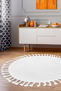 Dijidekor Beyaz 7 mm Polyester Antibakteriyel Yıkanabilir Orta Kaymaz Dot Taban Yuvarlak Makine Dokuma Salon Halısı 100x200 cm