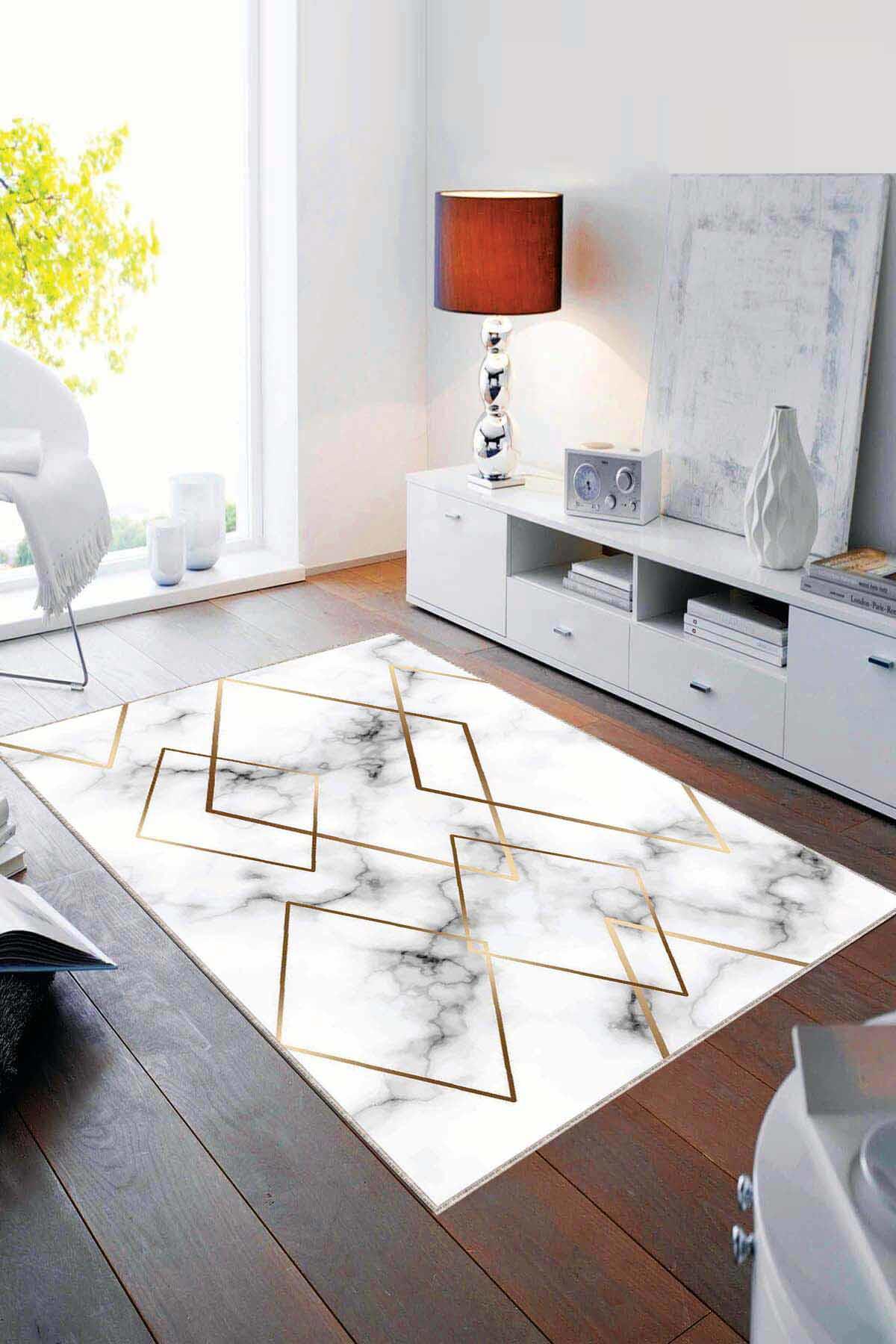 Viva Home AR196 Altın 7 mm Mikropolyester Antibakteriyel Yıkanabilir İnce Kaymaz Dot Taban Geometrik Dikdörtgen Makine Dokuma Salon Halısı 80x300 cm