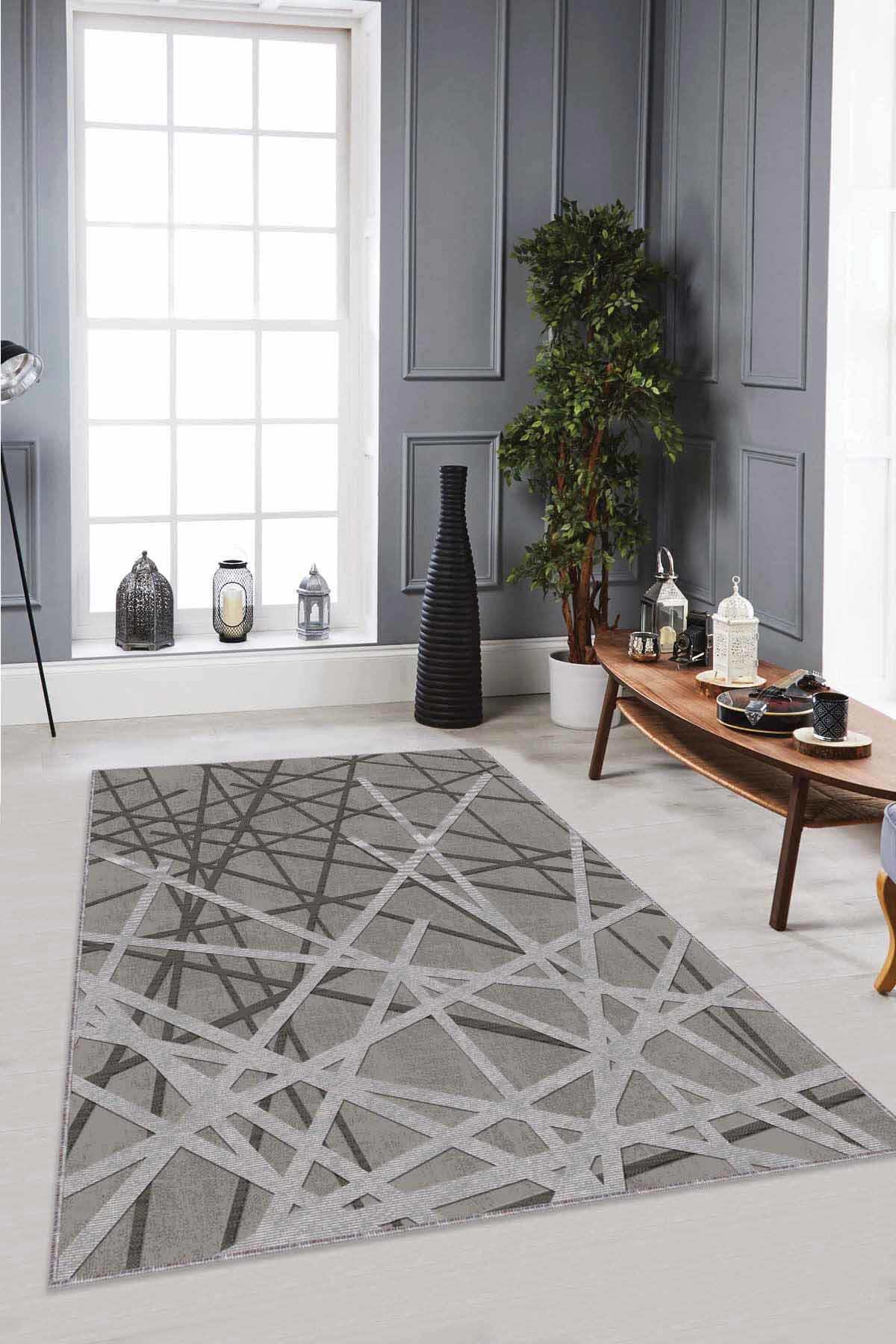 Viva Home RV171 Gri 7 mm Mikropolyester Toz Tutmaz Yıkanabilir İnce Kaymaz Dot Taban Dikdörtgen Makine Dokuma Salon Halısı 80x120 cm