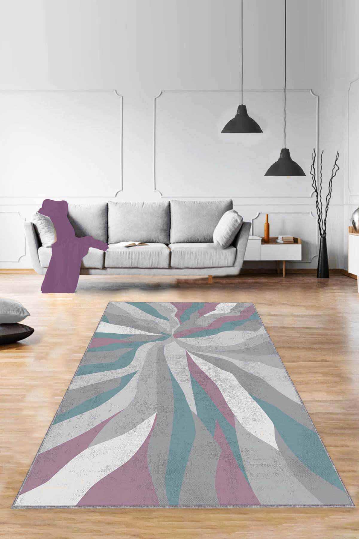 Viva Home ME008 Pembe-Turkuaz 7 mm Mikropolyester Leke Tutmaz Yıkanabilir İnce Kaymaz Dot Taban Dikdörtgen Makine Dokuma Salon Halısı 80x500 cm