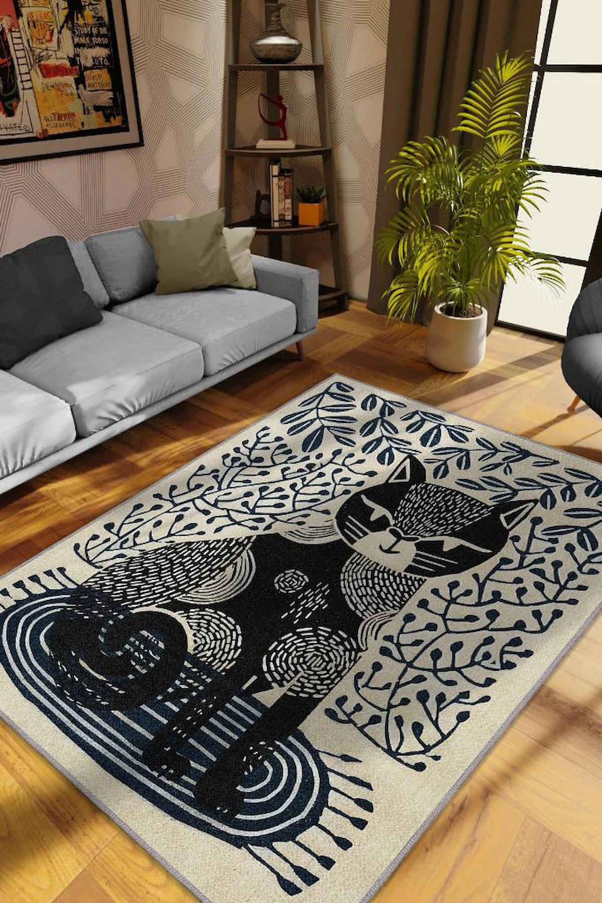 Homshtag Kedi Sanatı Çok Renkli 4 mm Pamuk Antistatik Yıkanabilir İnce Kaymaz Dikdörtgen Makine Dokuma Salon Halısı 100x100 cm