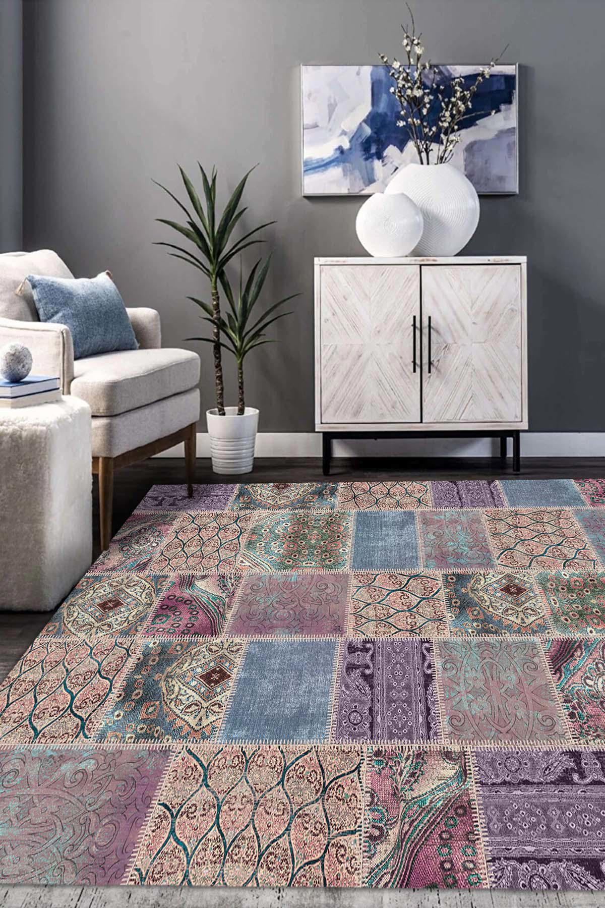 İlyaki Home Deja Krem 0.8 mm Pamuk Antibakteriyel Yıkanabilir Orta Kaymaz Pamuk Taban Dikdörtgen Makine Dokuma Salon Halısı 80x150 cm