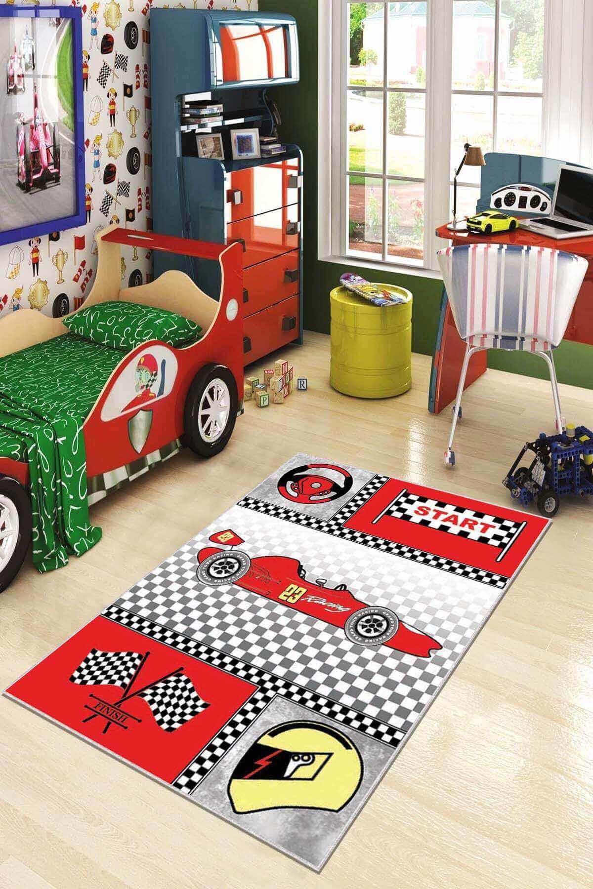 Viva Home KD31 Kırmızı 7 mm Mikropolyester Antibakteriyel Yıkanabilir İnce Kaymaz Taban Araba Desenli Dikdörtgen Makine Dokuma Çocuk Odası Halısı 80x150 cm
