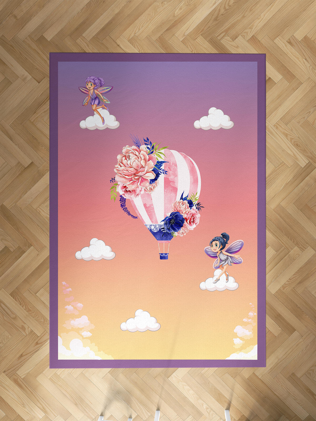Mekta Home Çiçek-Uçan Balon Krem 10 mm Antibakteriyel Yıkanabilir İnce Kaymaz Dot Taban Dikdörtgen Makine Dokuma Çocuk Odası Halısı 80x150 cm