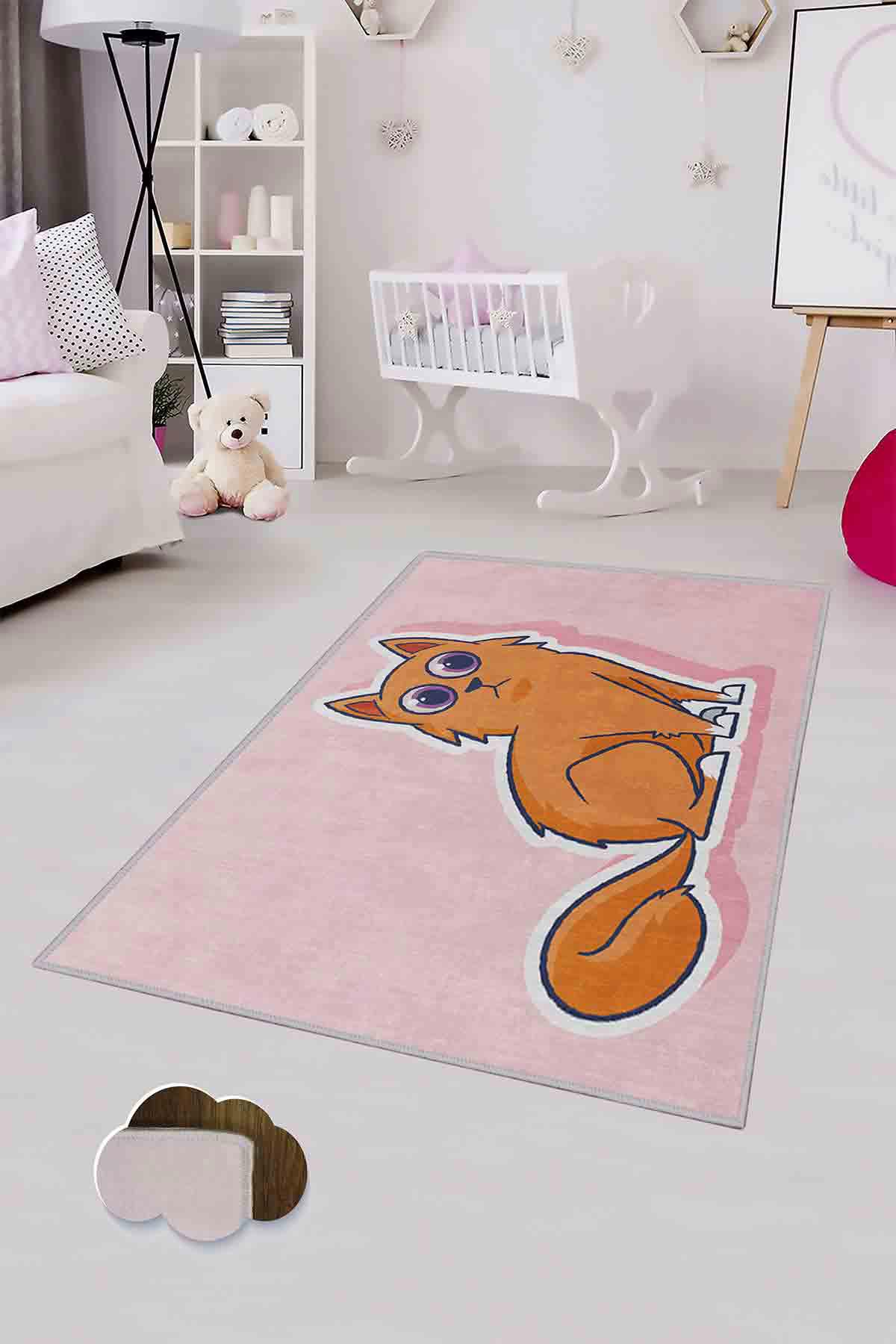 Homefesto Krem 5 mm Polyester Leke Tutmaz Yıkanabilir İnce Kaymaz Taban Hayvan Desenli Dikdörtgen Makine Dokuma Çocuk Odası Halısı 120x170 cm