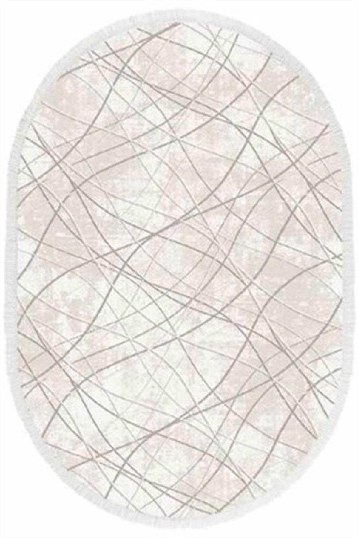 İpek Mekik Halı Sardes 6111 Krem 10 mm Akrilik Yıkanabilir Orta Kaymaz Pamuk Taban Geometrik Oval Makine Dokuma Antre-Çocuk Odası-Salon-Yatak Odası Halısı 80x500 cm