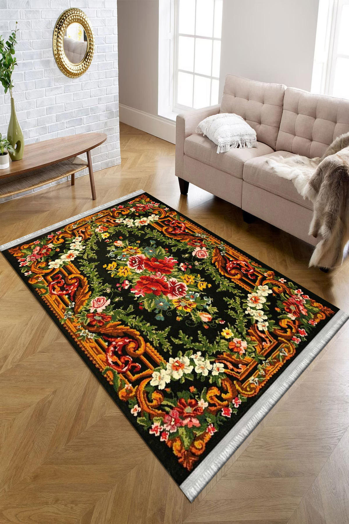 Kreatif Halı Çok Renkli 4 mm Polyester Antibakteriyel Yıkanabilir İnce Kaymaz Pamuk Taban Çiçek Desenli Dikdörtgen Makine Dokuma Salon Halısı 100x150 cm