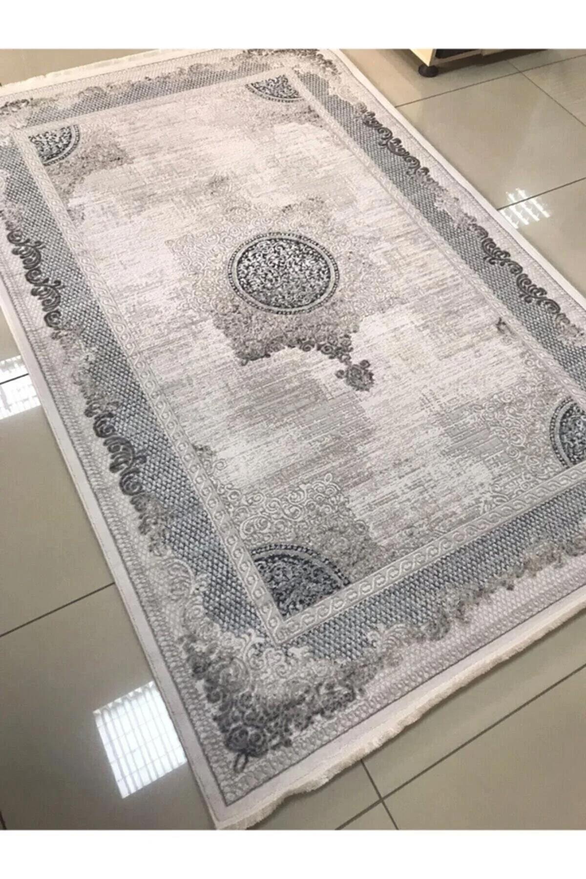 Merinos Diyez 34929 Krem 8.5 mm Akrilik Yıkanabilir İnce Kaymaz Dikdörtgen Makine Dokuma Salon Halısı 80x150 cm