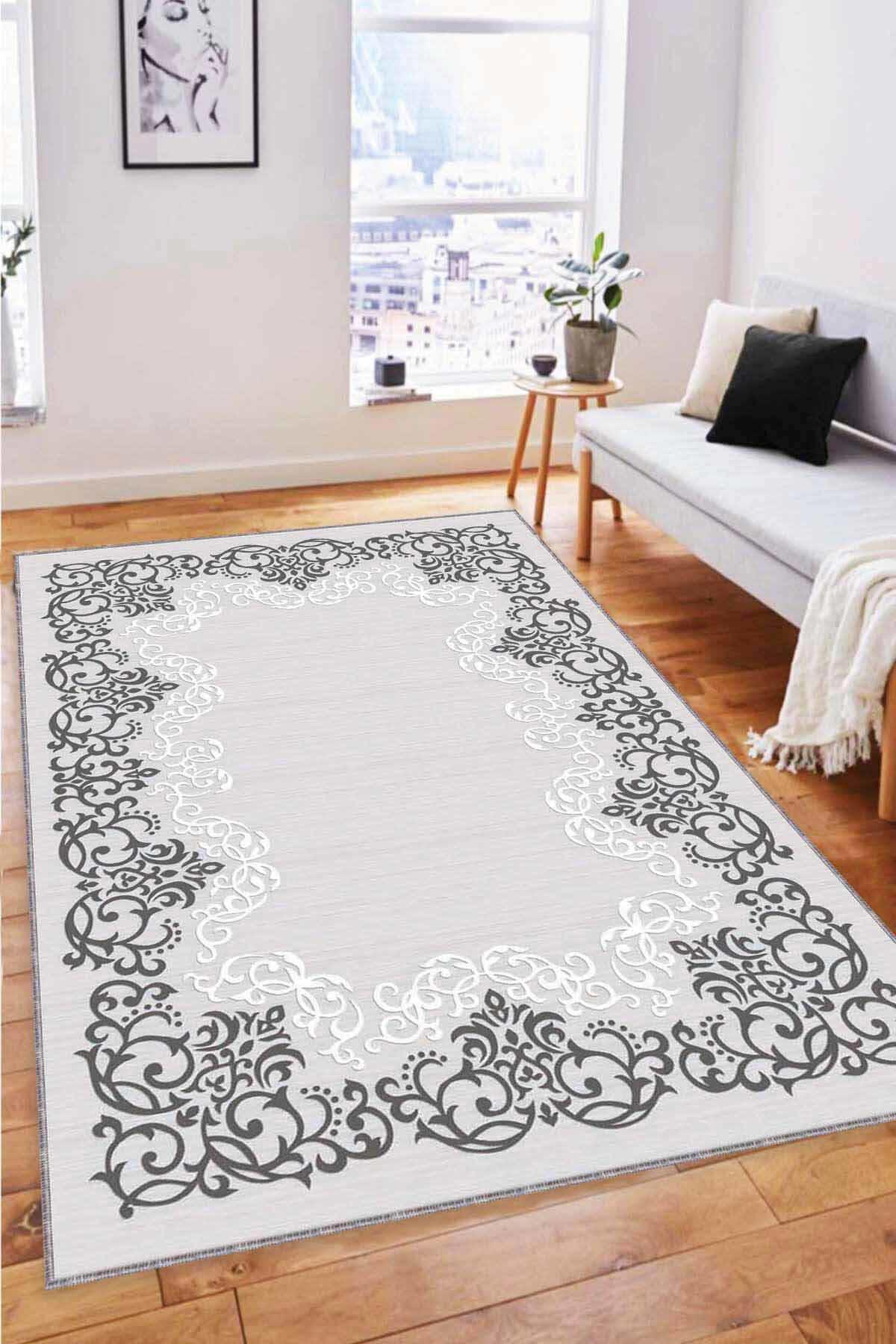 Viva Home MK59 Gri 7 mm Mikropolyester Toz Tutmaz Yıkanabilir İnce Kaymaz Dot Taban Dikdörtgen Makine Dokuma Salon Halısı 160x230 cm