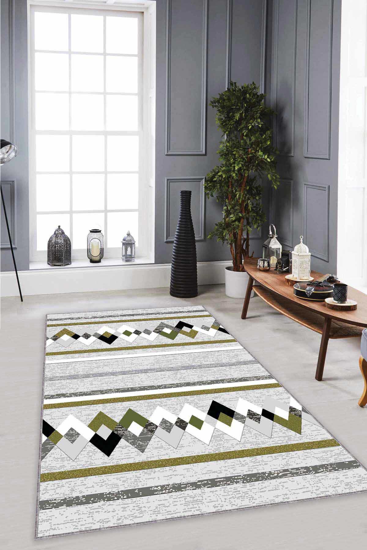 Viva Home RT02 Yeşil 7 mm Mikropolyester Yalıtıma Yardımcı Yıkanabilir İnce Kaymaz Taban Dikdörtgen Makine Dokuma Antre-Salon-Yatak Odası Halısı 40x60 cm