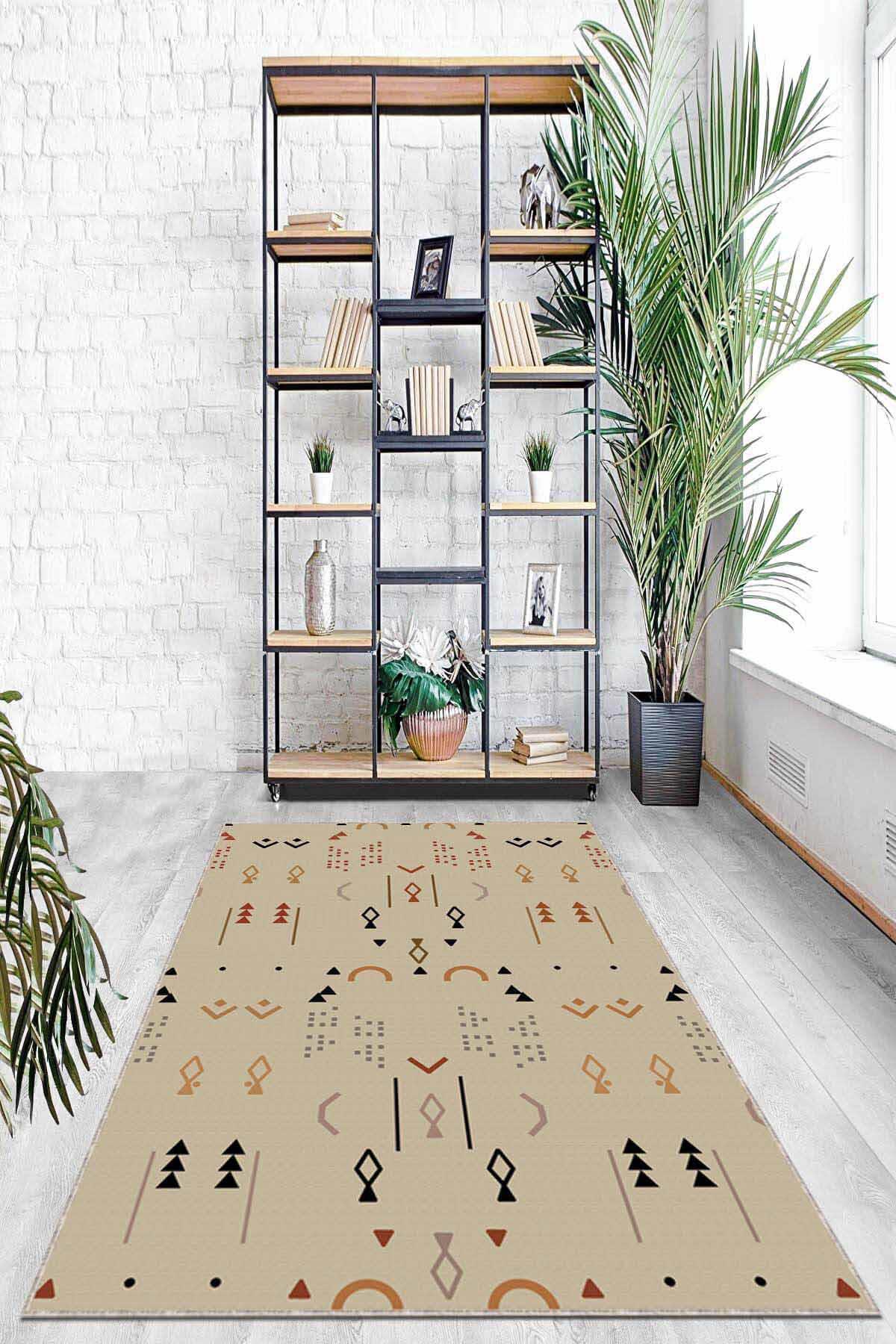 Viva Home AR359 Bej 7 mm Mikropolyester Leke Tutmaz Yıkanabilir İnce Kaymaz Dot Taban Dikdörtgen Makine Dokuma Salon Halısı 100x150 cm