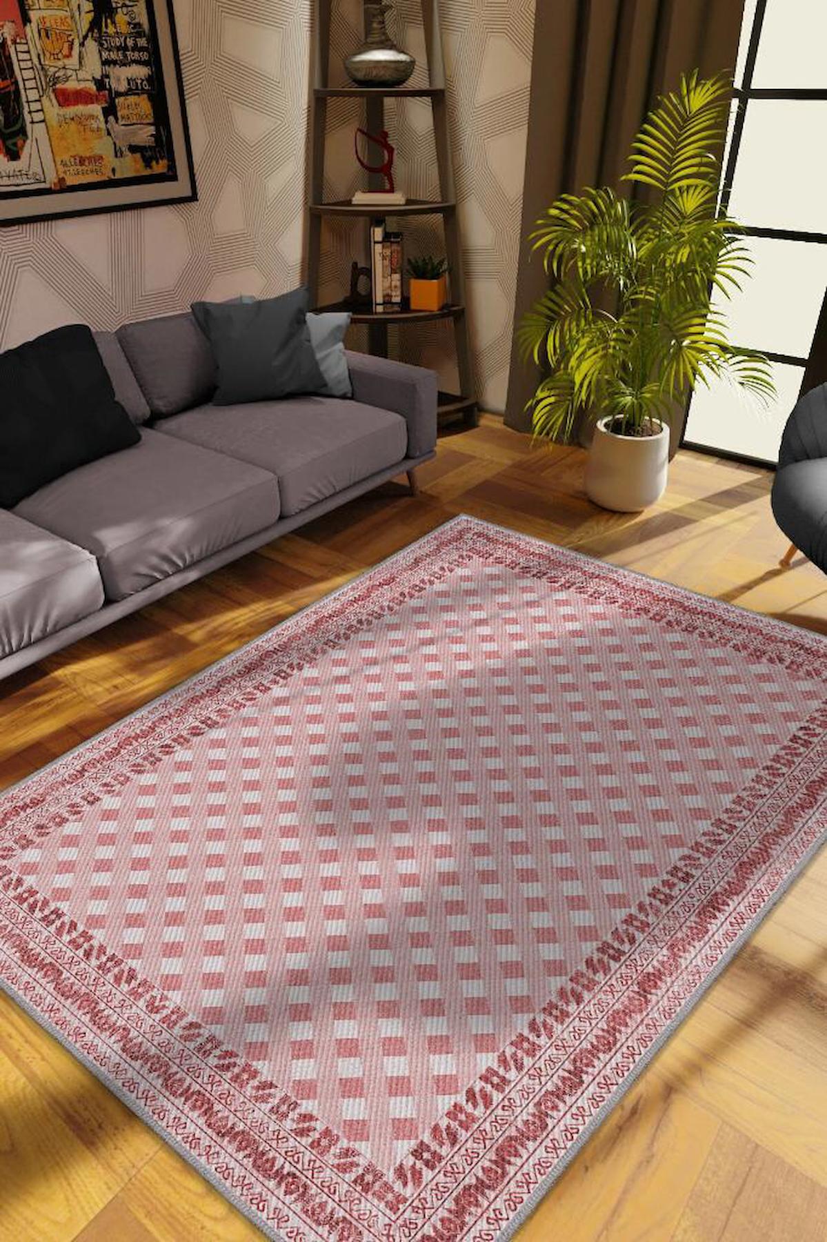Homshtag Pembe 4 mm Pamuk Antistatik Yıkanabilir İnce Kaymaz Dikdörtgen Makine Dokuma Salon Halısı 100x300 cm