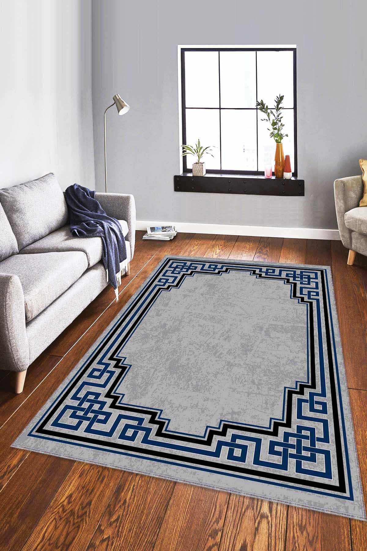 Viva Home RV090 Lacivert 7 mm Mikropolyester Leke tutmaz Yıkanabilir İnce Kaymaz Dikdörtgen Makine Dokuma Salon Halısı 120x200 cm