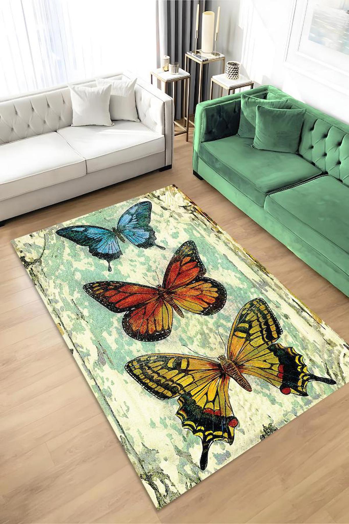 Homshtag Kelebek Krem 4 mm Pamuk Antistatik Yıkanabilir İnce Kaymaz Dikdörtgen Makine Dokuma Salon Halısı 156x230 cm