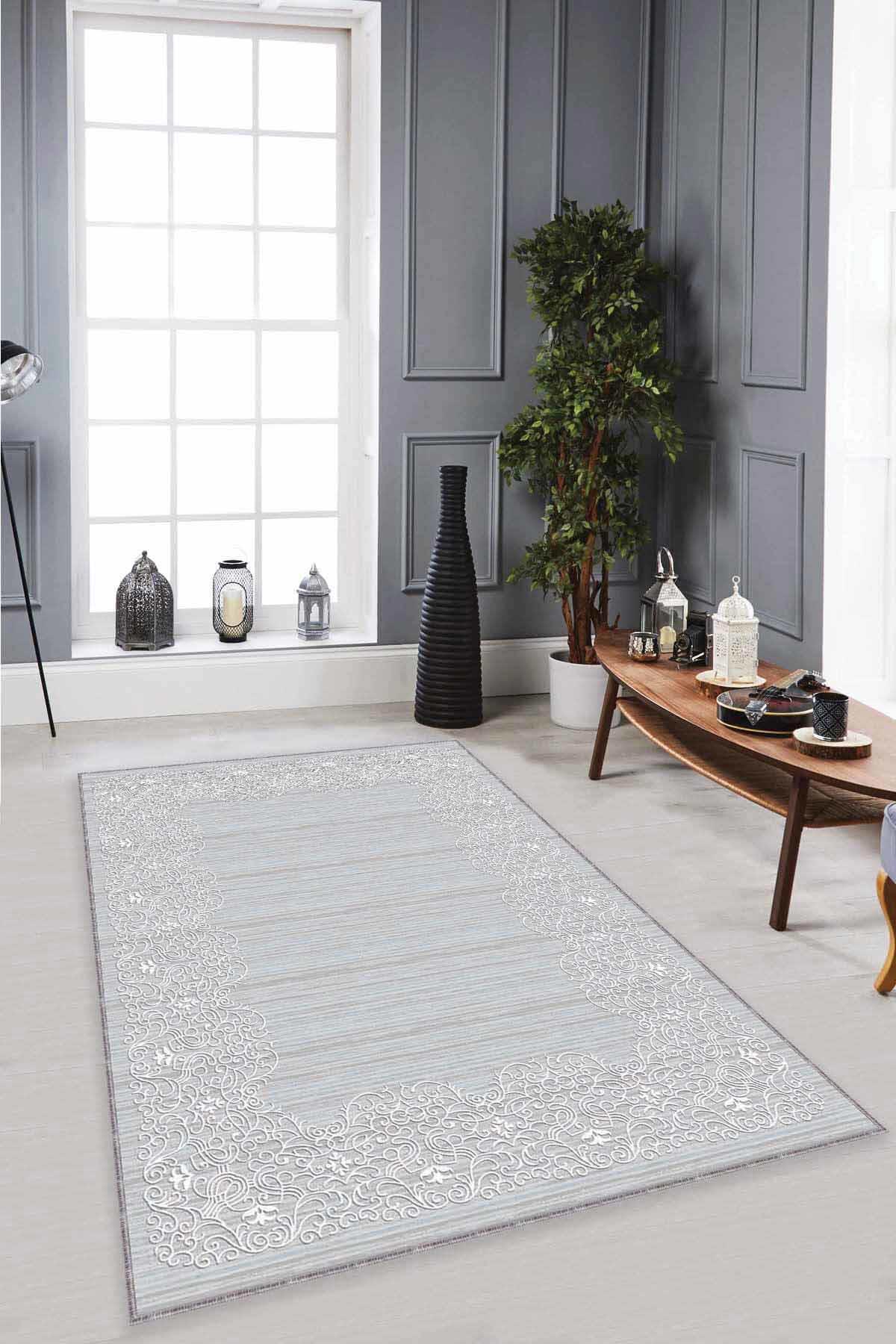 Viva Home MK53 Gri 7 mm Mikropolyester Toz Tutmaz Yıkanabilir İnce Kaymaz Dot Taban Dikdörtgen Makine Dokuma Salon Halısı 200x290 cm