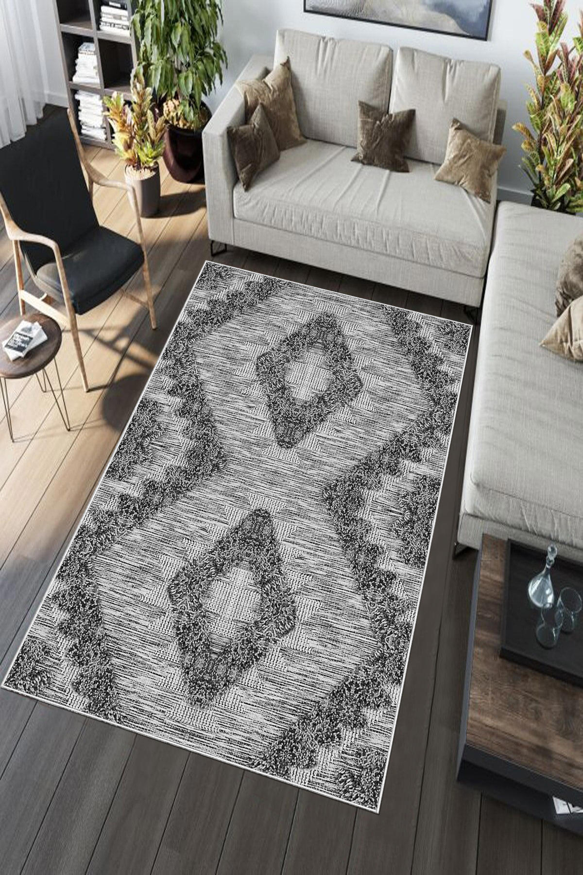 Aldora Gri-Siyah 0.8 mm Polipropilen Yıkanabilir Orta Kaymaz Deri Taban Dikdörtgen Makine Dokuma Salon Halısı 140x200 cm