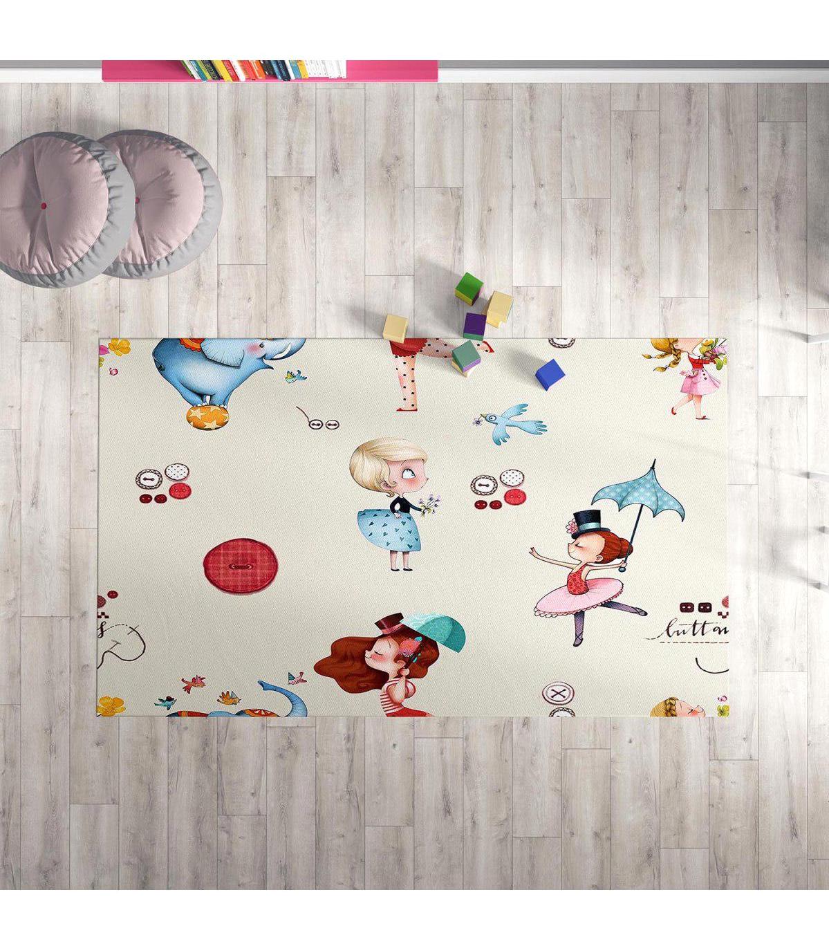 Chiron Baby Ceritti CRTT025 Ekru 5 mm Pamuk-Polyester Antialerjenik Yıkanabilir İnce Kaymaz Taban Figürlü Dikdörtgen Makine Dokuma Çocuk Odası Halısı 100x200 cm