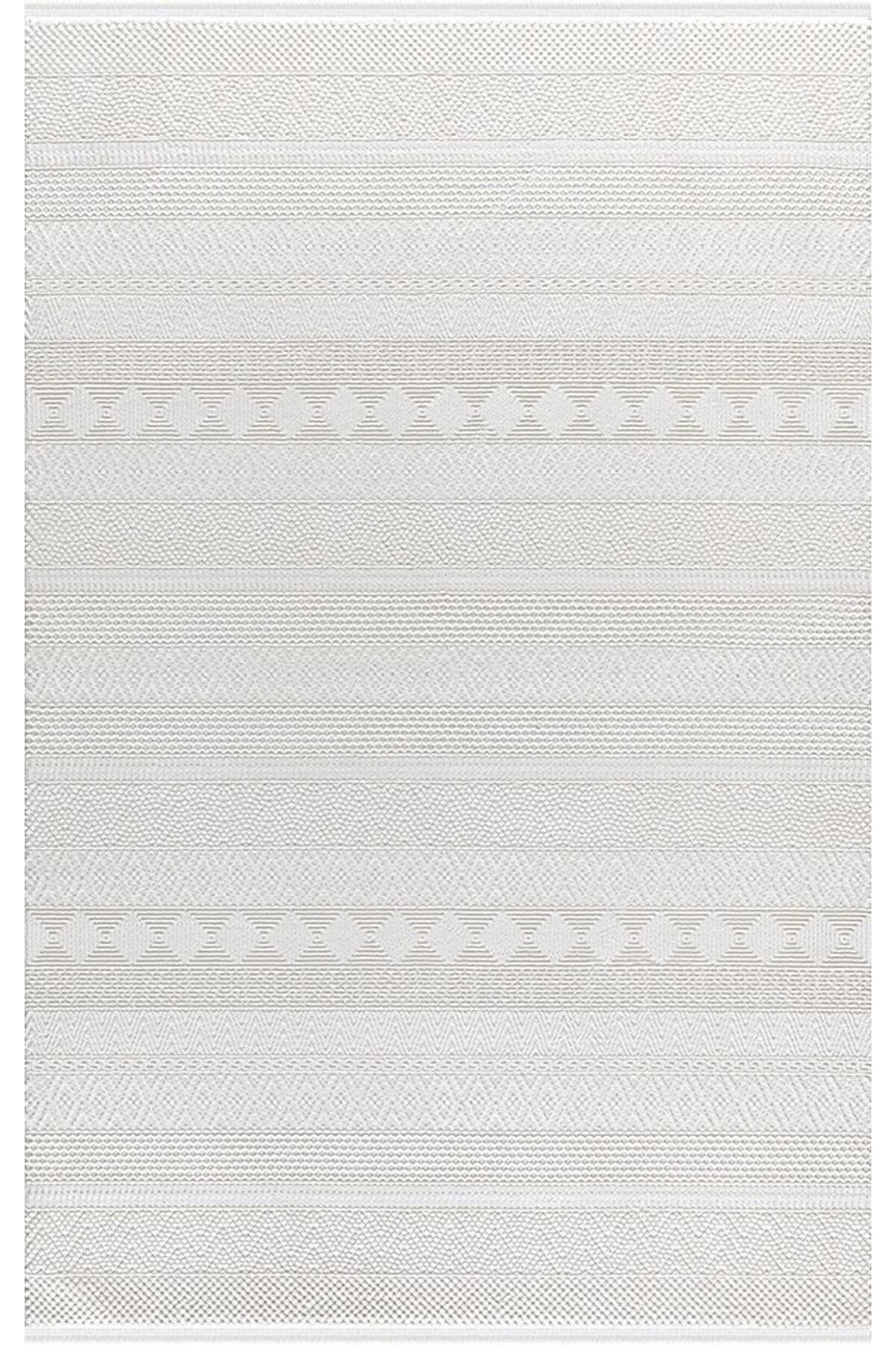 Merinos Recycle 38422 Krem 7 mm Pamuk Toz Tutmaz Yıkanabilir İnce Kaymaz Geometrik Dikdörtgen Makine Dokuma Salon Halısı 180x250 cm