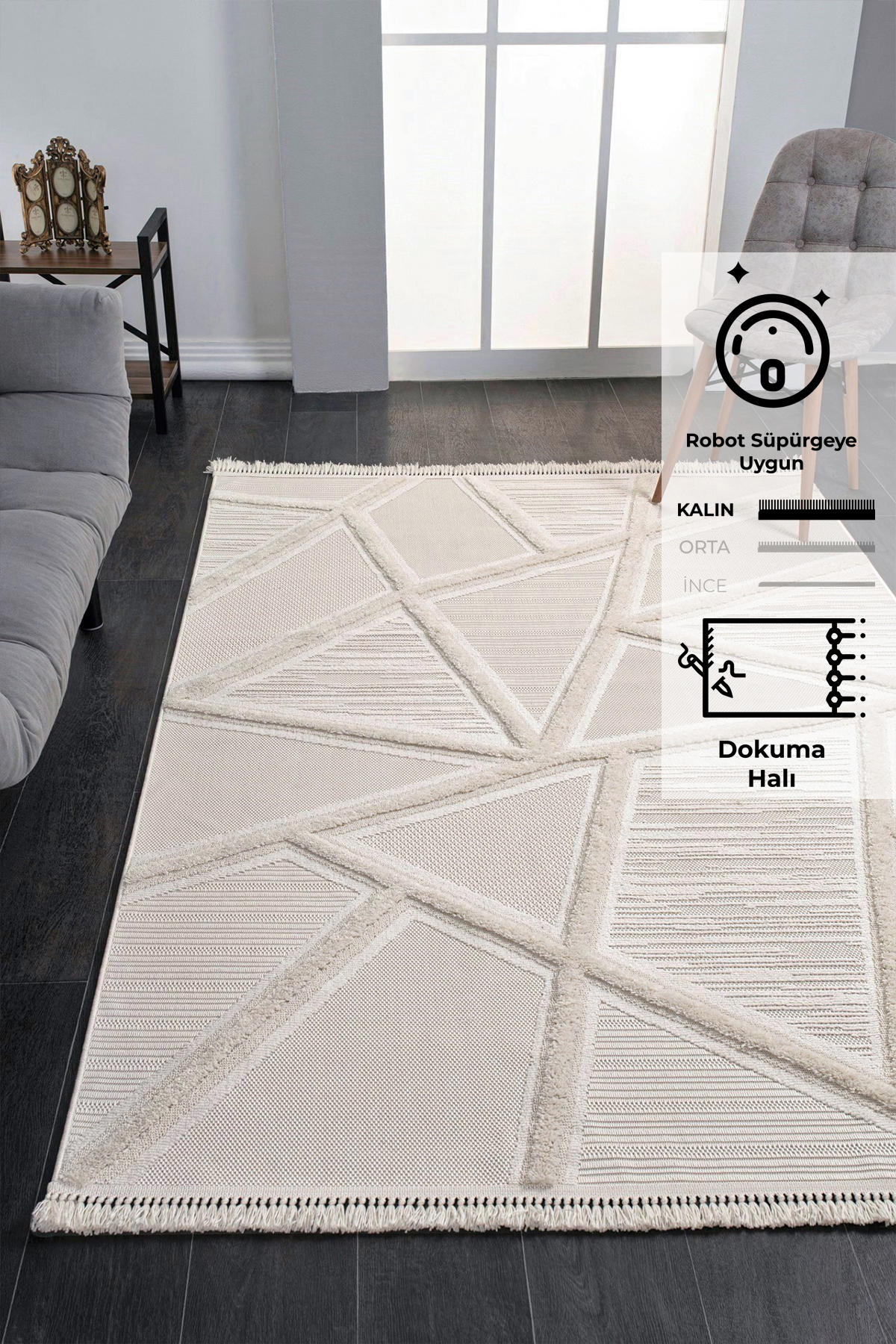 Konfor Halı Bukle 6659 Krem 20 mm Polyester Yıkanabilir Dikdörtgen Makine Dokuma Halı 80x150 cm