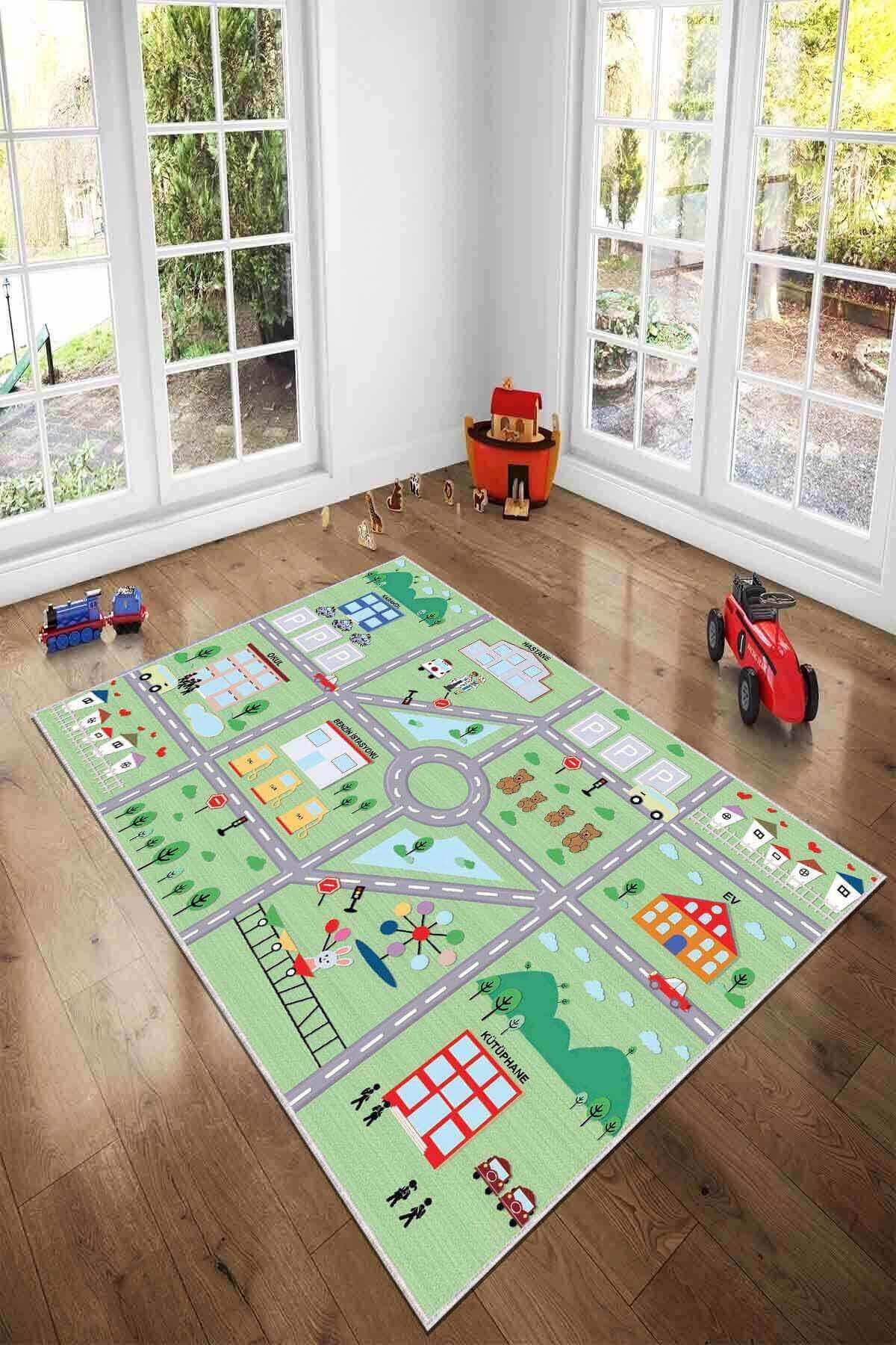 Viva Home KD45 Yeşil 7 mm Mikropolyester Toz Tutmaz Yıkanabilir İnce Kaymaz Taban Dikdörtgen Makine Dokuma Çocuk Odası Halısı 200x290 cm